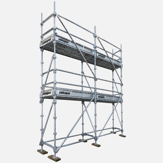Yakka Gear 6m reach slim double-deck Kwikstage Scaffolding system in galvanised steel, featuring a 4m upper platform height, 4.8m overall length and 0.7m slim width, with two working deck levels, guardrails, diagonal bracing, adjustable base jacks and Yakka Gear branded components, designed for construction and elevated access applications across Austr