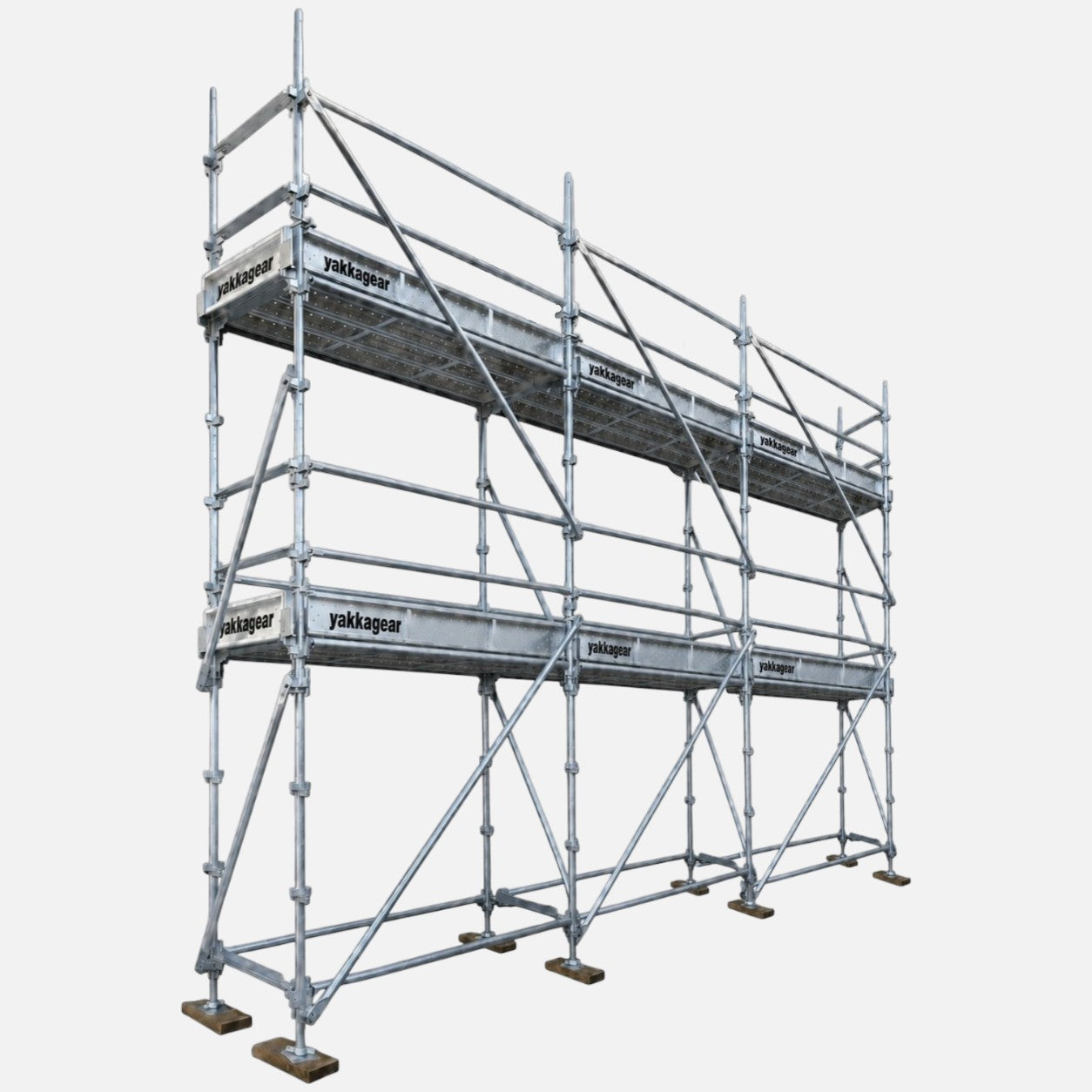 Yakka Gear 6m reach slim double-deck Kwikstage Scaffolding system in galvanised steel, featuring a 4m upper platform height, 7.2m overall length and 0.7m slim width, with two working deck levels, multiple scaffold bays, guardrails, diagonal bracing, adjustable base jacks and Yakka Gear branded components, designed for construction and elevated access applications across Australia.