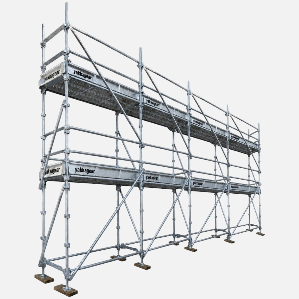 Yakka Gear 6m reach slim double-deck Kwikstage Scaffolding system in galvanised steel, featuring a 4m upper platform height, 9.6m overall length and 0.7m slim width, with two working deck levels, multiple scaffold bays, guardrails, diagonal bracing, adjustable base jacks and Yakka Gear branded components, designed for construction and elevated access applications across Australia.