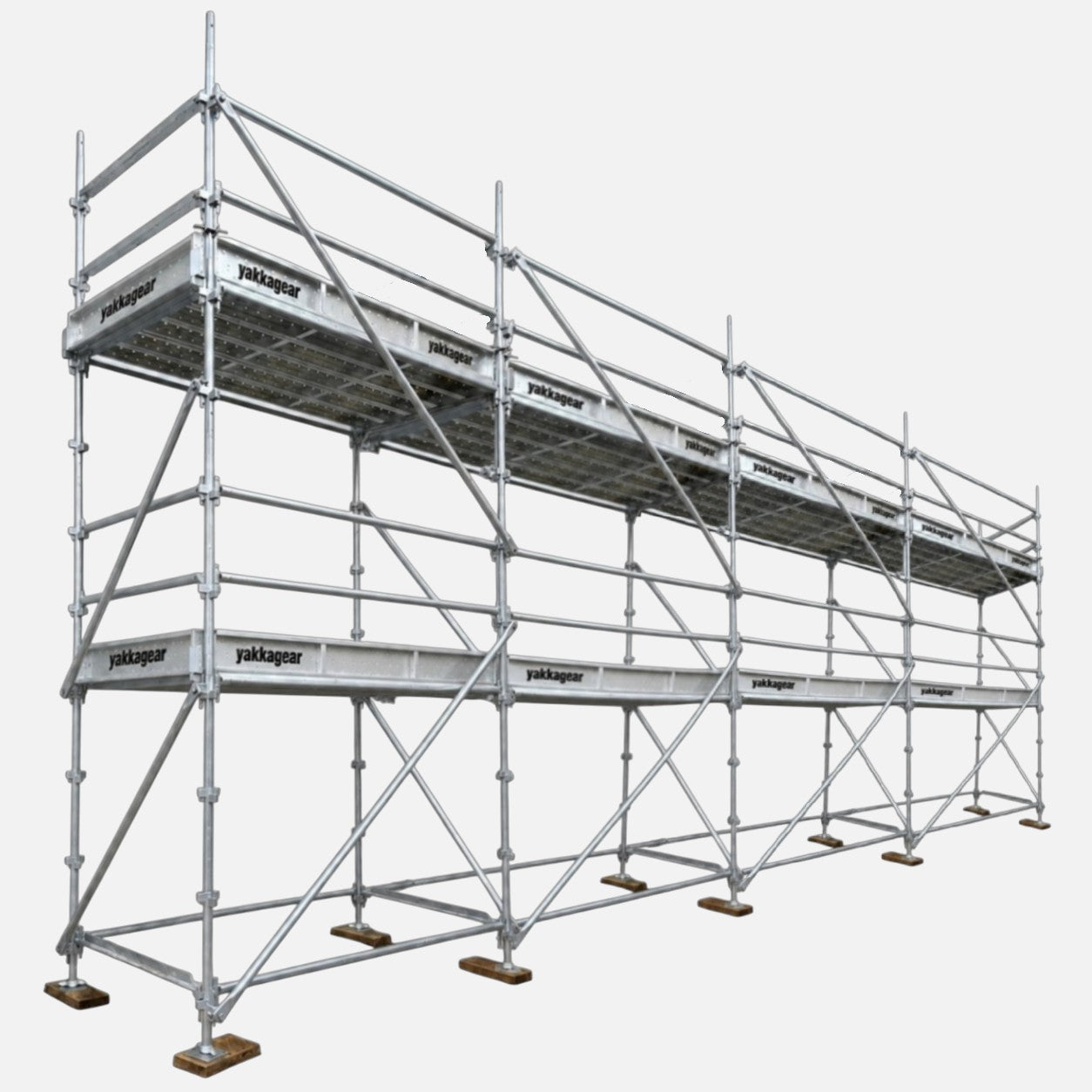 Yakka Gear 6m reach wide Kwikstage Scaffolding system in galvanised steel, featuring a 4m platform height and 9.6m overall length, with multiple scaffold bays, guardrails, cross bracing, adjustable base jacks and Yakka Gear branded components, designed for stable elevated access on construction and building projects across Australia.
