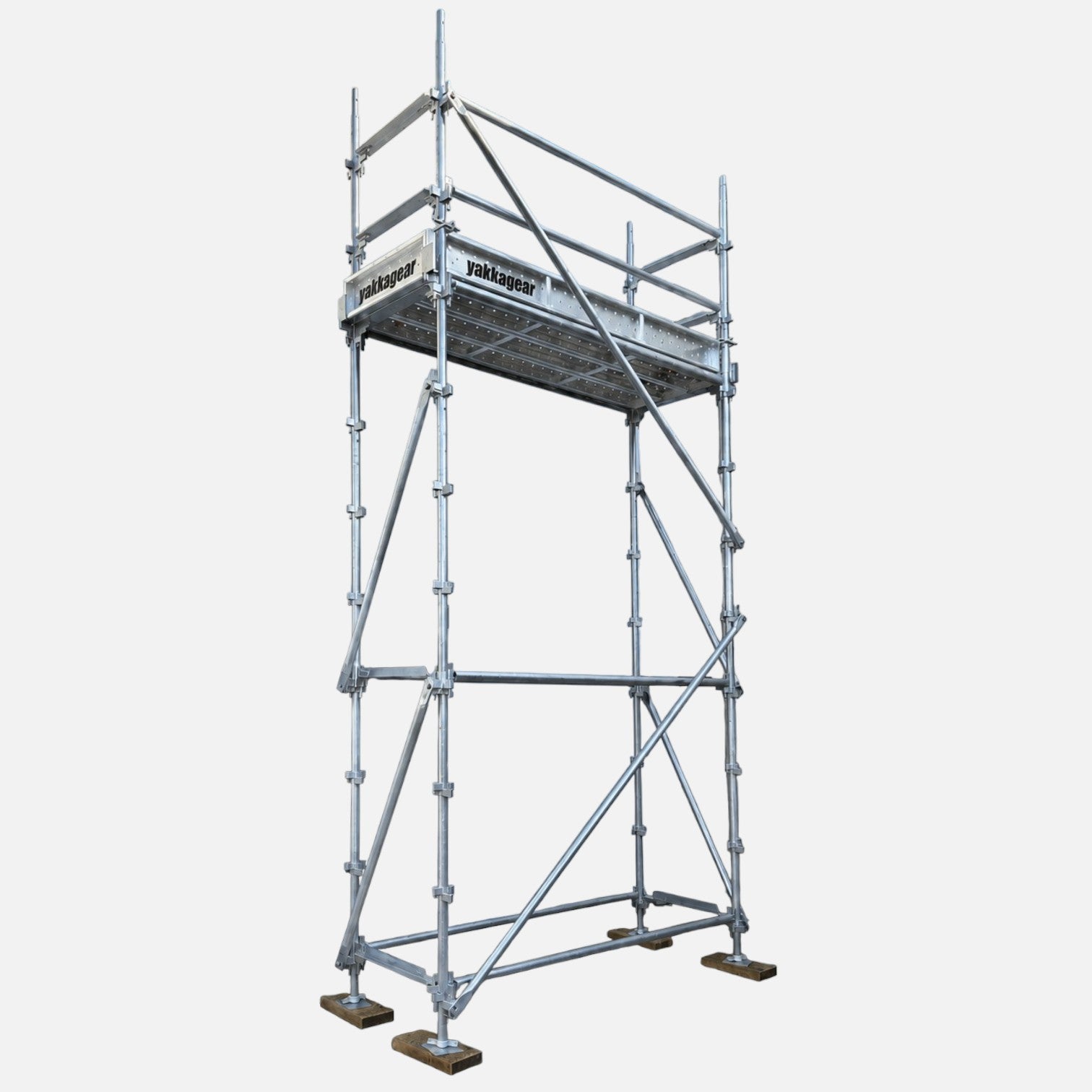 Yakka Gear 6m reach slim Kwikstage Scaffolding tower in galvanised steel, featuring a 4m platform height, 2.4m platform length and 0.7m slim width, complete with guardrails, cross bracing, adjustable base jacks and Yakka Gear branded platform components, designed for construction and access applications across Australia.