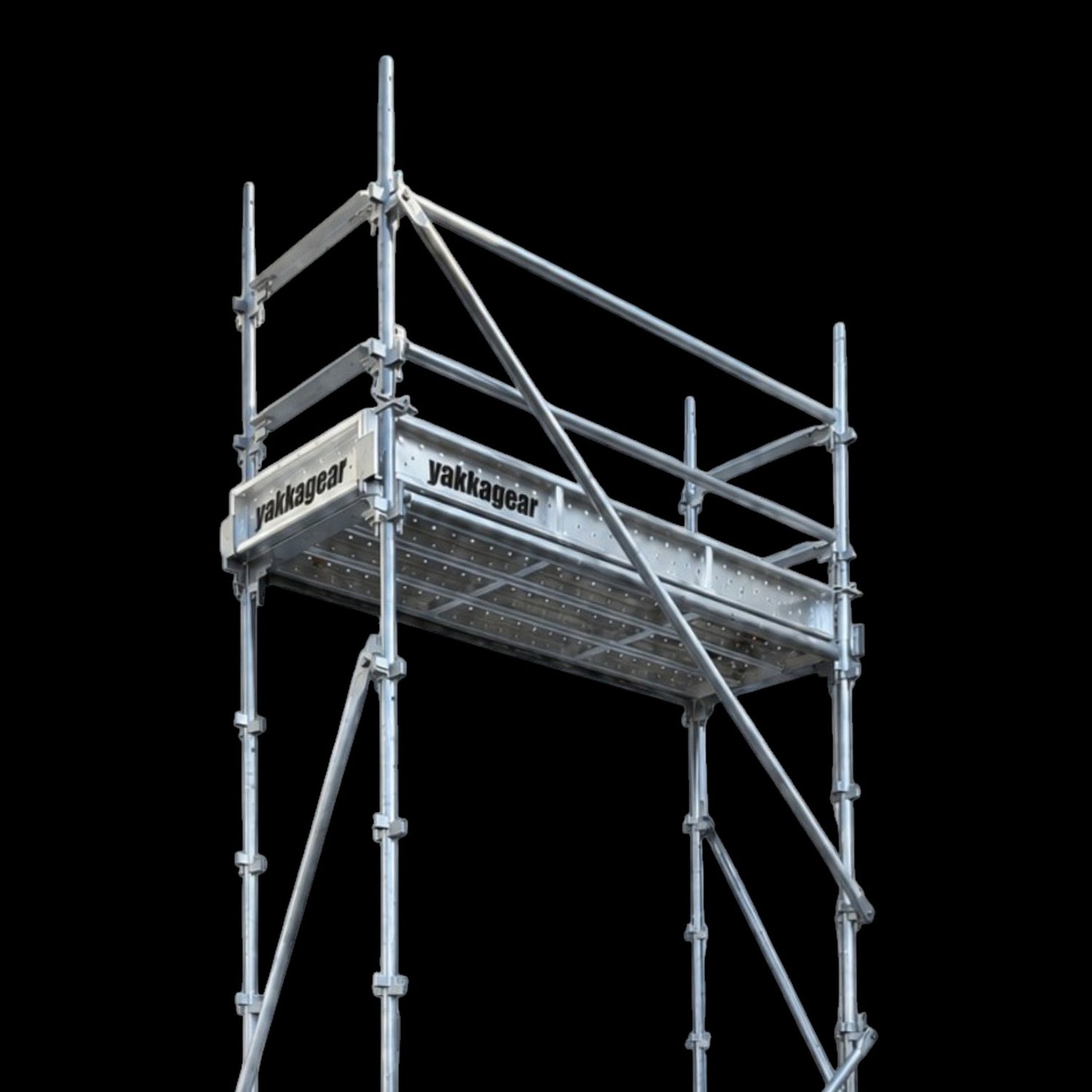 Close-up of Yakka Gear 6m reach slim Kwikstage Scaffolding in galvanised steel, featuring a 4m platform height, 2.4m length and 0.7m slim width, with Yakka Gear branded platform components, safety guardrails, vertical standards and diagonal bracing, designed for construction and elevated access applications across Australia.