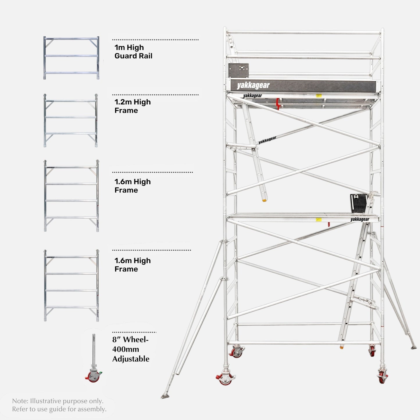 Yakka Gear Australia 7m reach wide aluminium scaffold tower ready to go, designed for elevated access, stable work platforms and safer jobsite use.