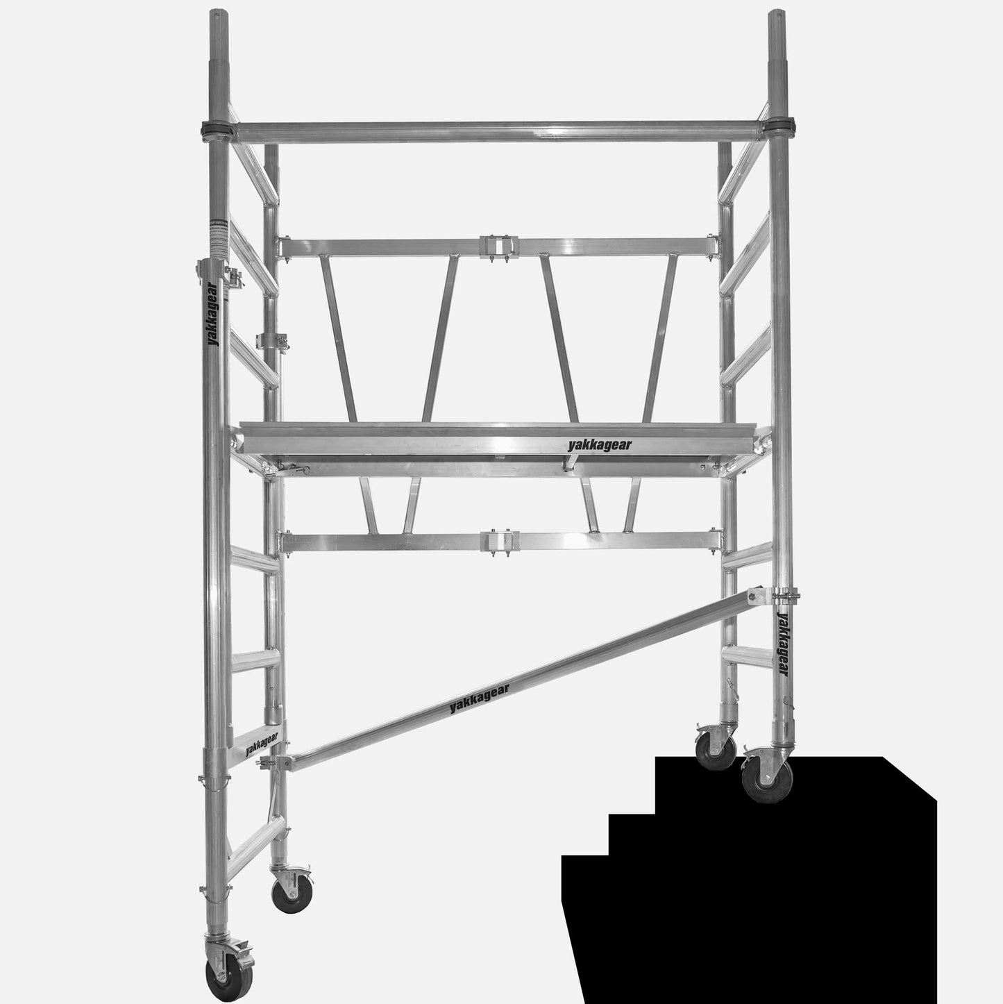 Yakka Gear Australia Adjustable Stairs toolkit used on 1.44m Length x 0.74m Width compact scaffolding tower as access equipment, with working platform heights ranging from 1.2m to 3.9m and reach between 3.25m to 6m, zoomed in detailed view of the stairs toolkit with the rest of the scaffold, with white background. 