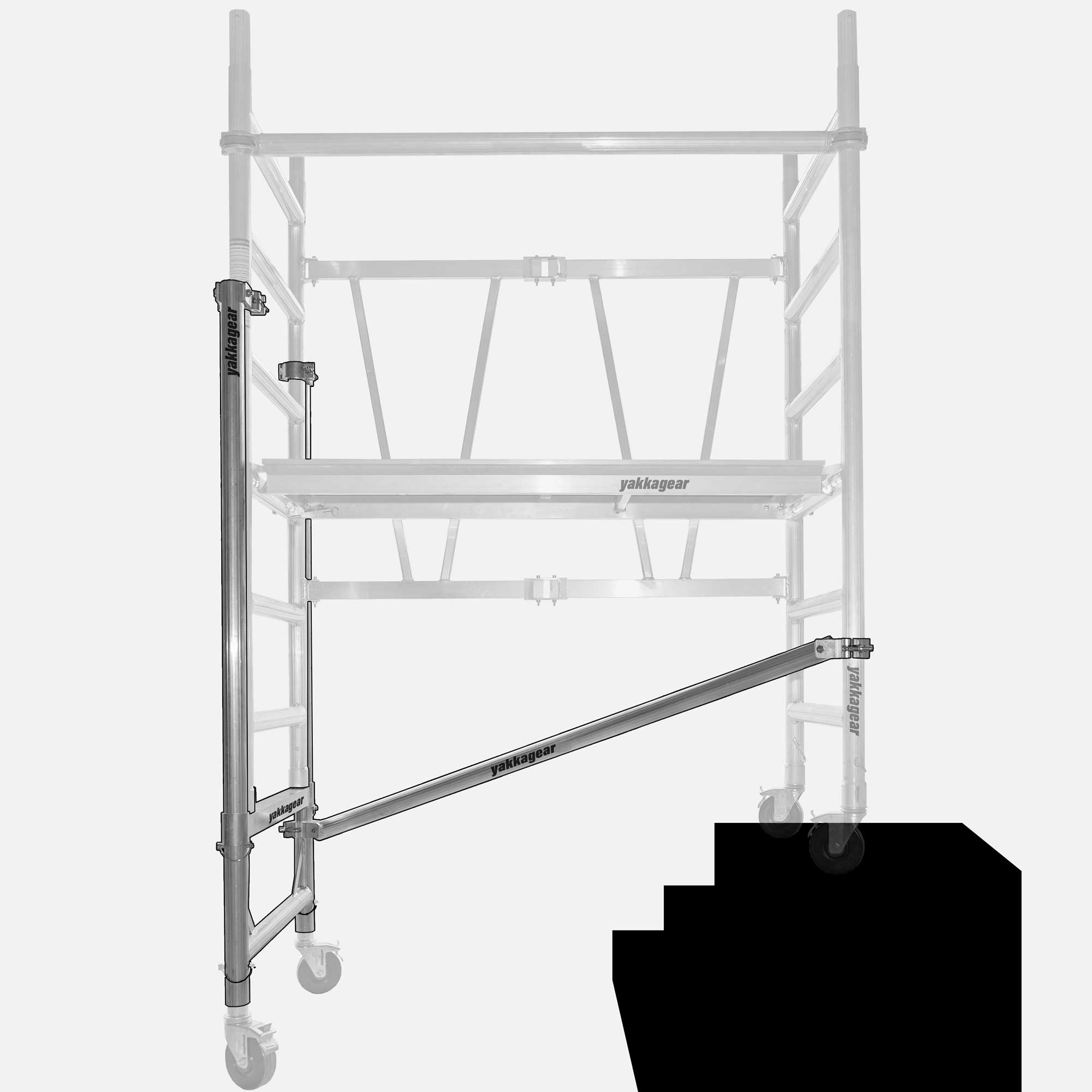 Yakka Gear Australia Adjustable Stairs toolkit used on 1.44m Length x 0.74m Width compact scaffolding tower as access equipment, with working platform heights ranging from 1.2m to 3.9m and reach between 3.25m to 6m, zoomed in detailed view of the stairs toolkit with the rest of the scaffold greyed out, with white background. 