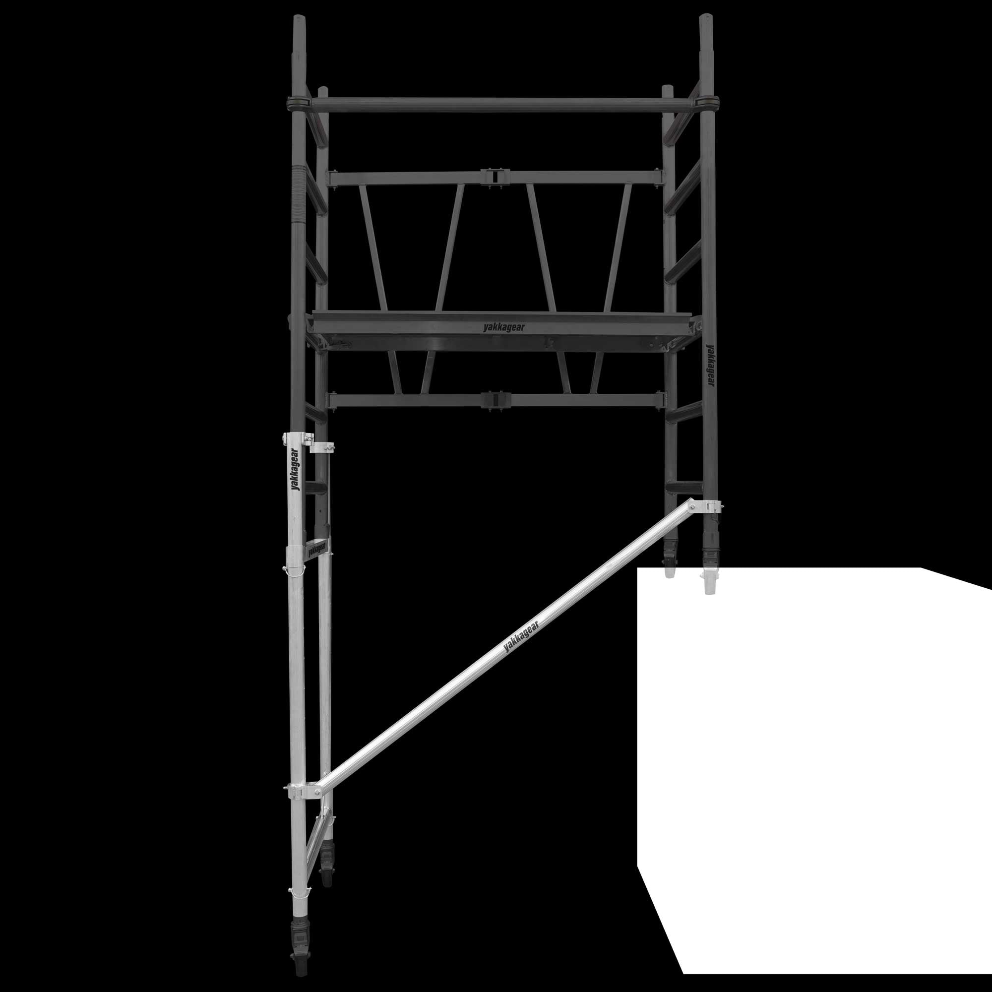 Yakka Gear Australia Adjustable Stairs toolkit used on 1.44m Length x 0.74m Width compact scaffolding tower as access equipment, with working platform heights ranging from 1.2m to 3.9m and reach between 3.25m to 6m, zoomed in detailed view of the stairs toolkit with the rest of the scaffold greyed out example used on a big block step, with black background. 