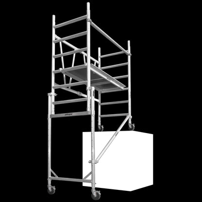 Yakka Gear Australia All Terrain & Scaffold Stairs Toolkit used with a mobile scaffold. View from the side used on a big block