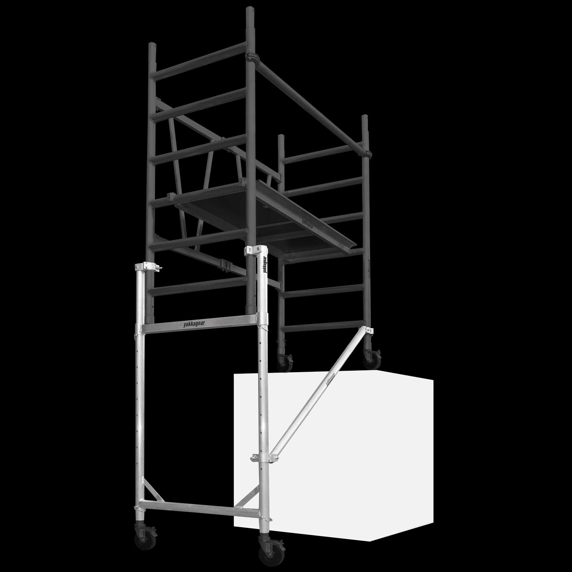 Yakka Gear Australia Adjustable Stairs toolkit used on 1.44m Length x 0.74m Width compact scaffolding tower as access equipment, with working platform heights ranging from 1.2m to 3.9m and reach between 3.25m to 6m, zoomed in detailed view of the stairs toolkit with the rest of the scaffold greyed out example used on a block step, with black background. 