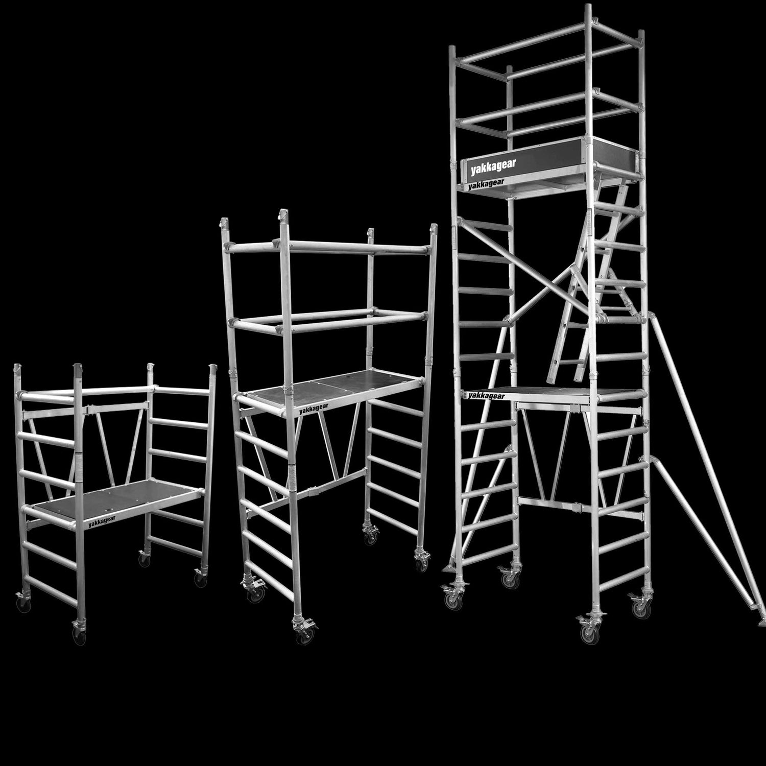 Yakka Gear Australia compact scaffolding tower as access equipment, all three in the same photo, from left to right: 3.25 reach, 3.8m reach, 6m reach. 1.44m Length x 0.74m Width, with working platform heights ranging from 1.2m to 3.9m and reach between 3.25m to 6m, view from the front angle, with black background. 