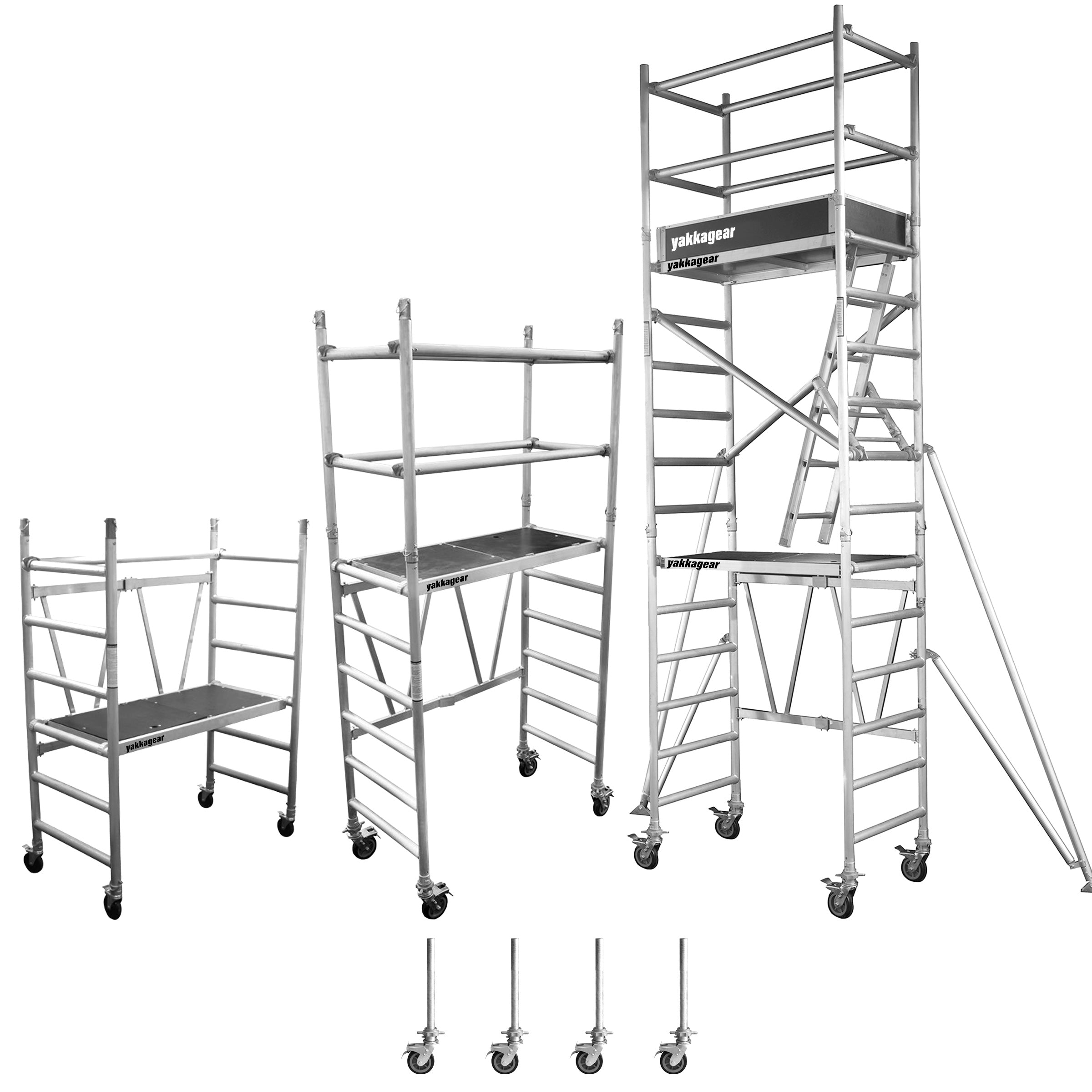 Yakka Gear Australia compact scaffolding tower as access equipment, all three in the same photo, from left to right: 3.25 reach, 3.8m reach, 6m reach. 1.44m Length x 0.74m Width, with working platform heights ranging from 1.2m to 3.9m and reach between 3.25m to 6m, view from the front angle, with white background.