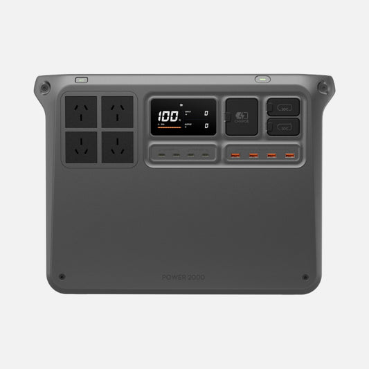 DJI Power 2000 portable power station by Yakka Gear – compact, stackable design with digital display, ideal for off-grid and backup power in Australia.