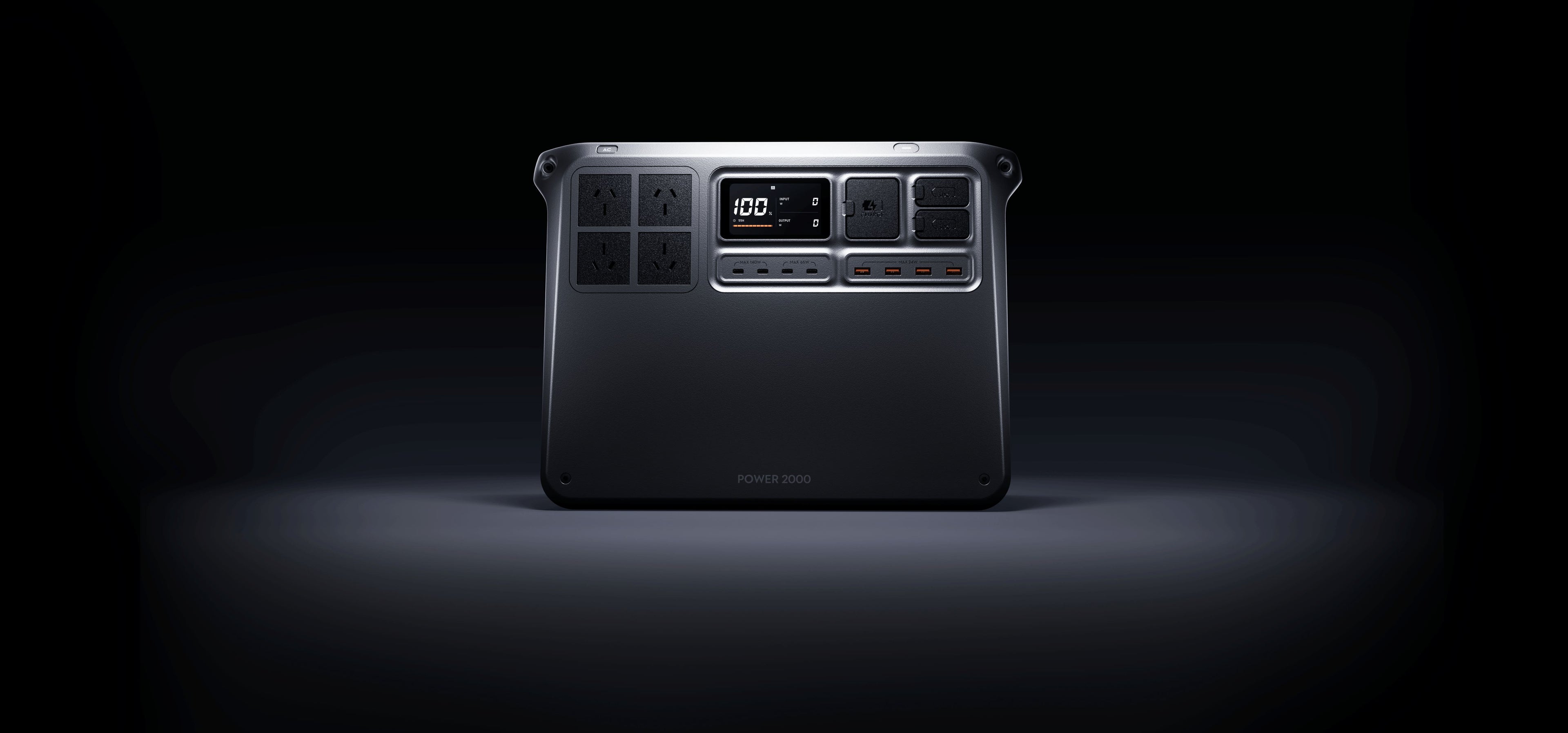 DJI Power 2000 portable power station on black background with top lighting, highlighting rugged design and high-capacity features — available from Yakka Gear Australia.