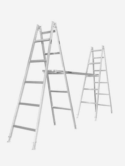 Aluminium planks positioned on adjustable aluminium trestles against a white background, forming a stable elevated platform. Commonly used by Australian tradies for tasks like painting, cladding, rendering, and general construction. The setup features anti-slip planks with removable end caps and height-adjustable trestles for flexible, on-site access. Plank Clamps are used to securely join two planks together, improving overall stability and reducing flex during use.