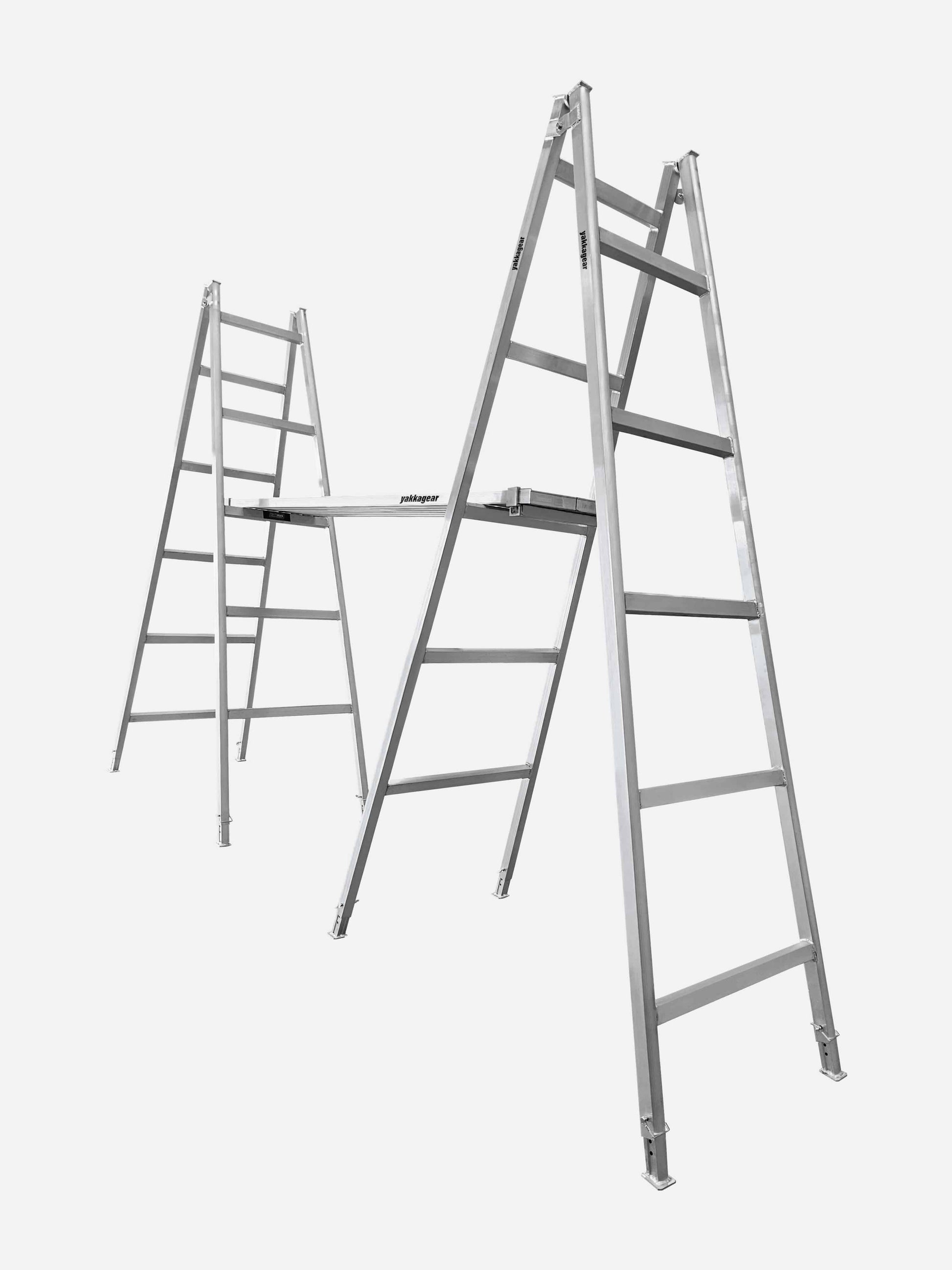 Aluminium planks positioned on adjustable aluminium trestles against a white background, forming a stable elevated platform. Commonly used by Australian tradies for tasks like painting, cladding, rendering, and general construction. The setup features anti-slip planks with removable end caps and height-adjustable trestles for flexible, on-site access. Plank Clamps are used to securely join two planks together, improving overall stability and reducing flex during use.