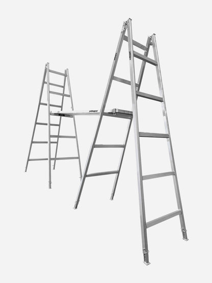 Aluminium planks positioned on adjustable aluminium trestles against a white background, forming a stable elevated platform. Commonly used by Australian tradies for tasks like painting, cladding, rendering, and general construction. The setup features anti-slip planks with removable end caps and height-adjustable trestles for flexible, on-site access. Plank Clamps are used to securely join two planks together, improving overall stability and reducing flex during use.