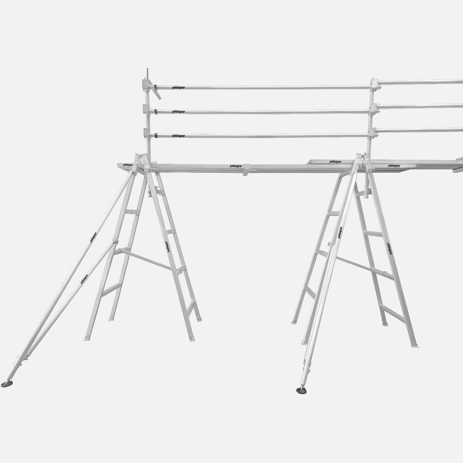 Yakka Gear Australia Handrail Trestle System double bay—aluminium trestle scaffold platform with extension handrail kit and stabiliser legs, providing safe guardrail edge protection for painting, plastering and maintenance work across Australia.
