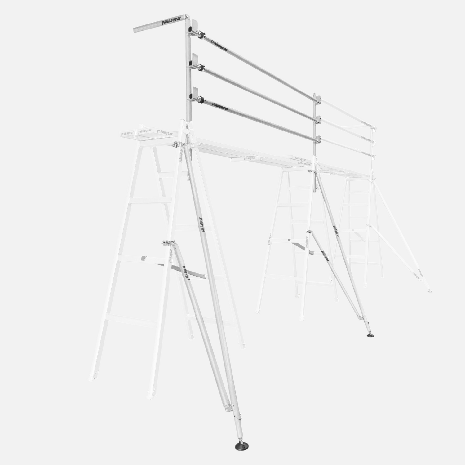 Double-bay Handrail Trestle System (single bay kit + extension handrail kit) shown at an angle with aluminium planks, three-rail guard system and stabiliser legs — Yakka Gear Australia