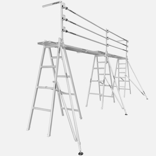 Yakka Gear Australia Handrail Trestle System double bay wide platform—aluminium trestle scaffold with extension handrail kit, full-length plank staging and stabiliser legs for safe elevated access, painting and maintenance work across Australia.