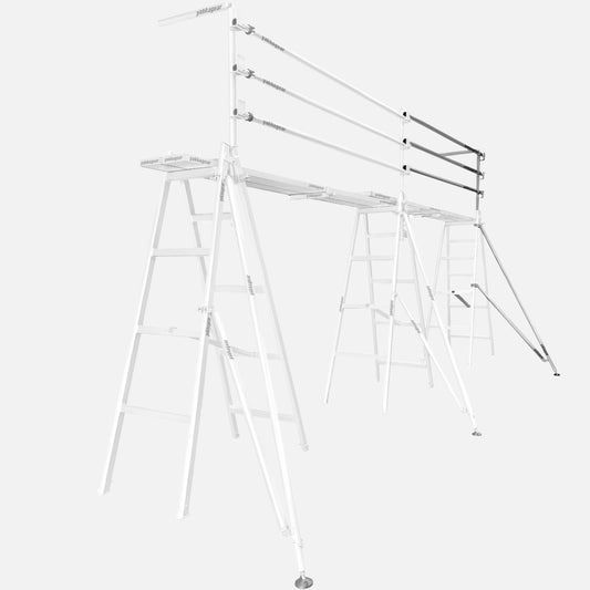 Yakka Gear Australia Handrail Trestle System double bay angled view—single bay kit with extension handrail kit, aluminium trestle scaffold platform with three-rail guard system and stabiliser legs for safer painting, plastering and maintenance work across Australia.