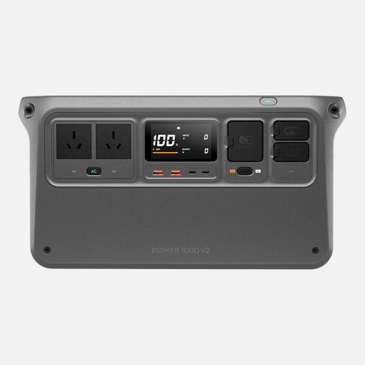 Front view of the DJI Power 1000 V2 portable power station on a white background, compact design with display screen and multiple output ports, Yakka Gear Australia.