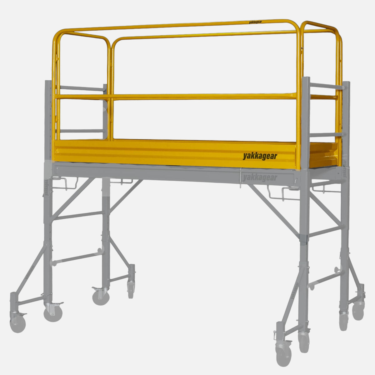 Yakka Gear Australia Rapid Scaffold Guard Rail (1.87m L × 0.73m W) heavy-duty powder-coated steel safety guardrails for the Rapid Mobile Scaffold system—adds fall protection on the adjustable platform (0.71m–1.81m) for reach up to 3.8m and 450kg load rating use