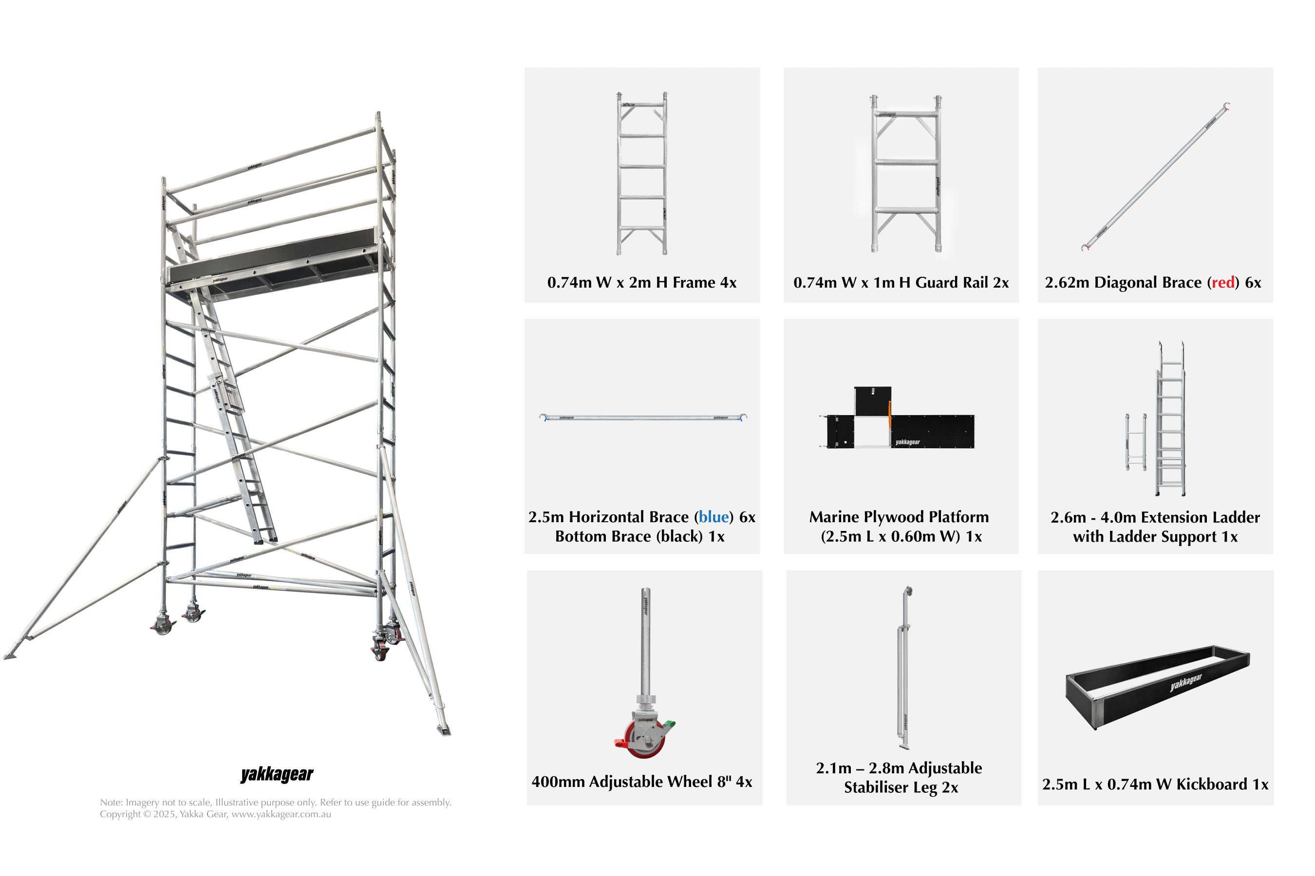 Yakka Gear Australia aluminium mobile scaffold tower with 6.6m reach, 0.74m width, and 2.5m length. This single-level setup features one marine plywood platform and a single internal access ladder. Image displays all included components: scaffold frames, diagonal, horizontal, and bottom braces, guard rails, stabilisers, 8-inch adjustable caster wheels, and toe boards—configured for safe, compact elevated work access.
