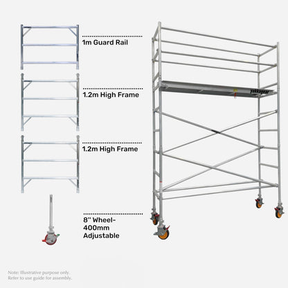 Yakka Gear 5m reach wide mobile scaffold tower in galvanised steel, shown assembled alongside its main components including a 1m guard rail, two 1.2m high frames and 8-inch wheels with 400mm adjustable legs, featuring a 3m platform height, 1.3m wide working platform, cross bracing, safety guardrails and lockable castors for elevated access and construction work across Australia.