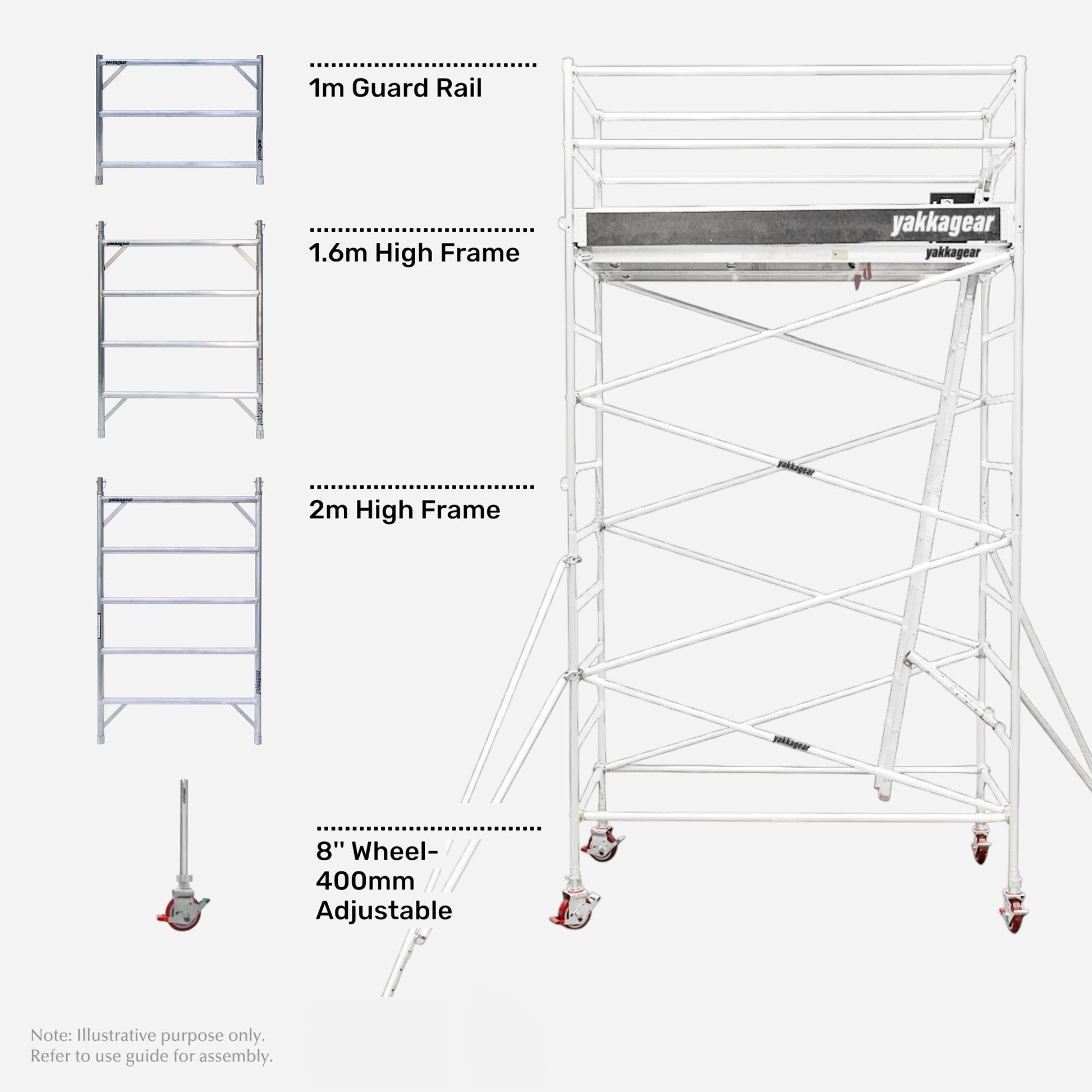 Yakka Gear 6.2m reach wide mobile scaffold tower in galvanised steel, shown assembled alongside its main components including a 1m guard rail, 1.6m high frame, 2m high frame and 8-inch wheels with 400mm adjustable legs, featuring a 4.2m platform height, 1.3m wide working platform, cross bracing, internal access ladder, safety guardrails and stabiliser outriggers for elevated access and construction work across Australia.