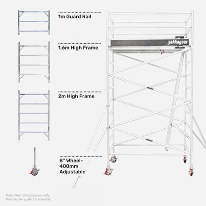Yakka Gear 6.2m reach wide mobile scaffold tower in galvanised steel, shown assembled alongside its main components including a 1m guard rail, 1.6m high frame, 2m high frame and 8-inch wheels with 400mm adjustable legs, featuring a 4.2m platform height, 1.3m wide working platform, cross bracing, internal access ladder, safety guardrails and stabiliser outriggers for elevated access and construction work across Australia.