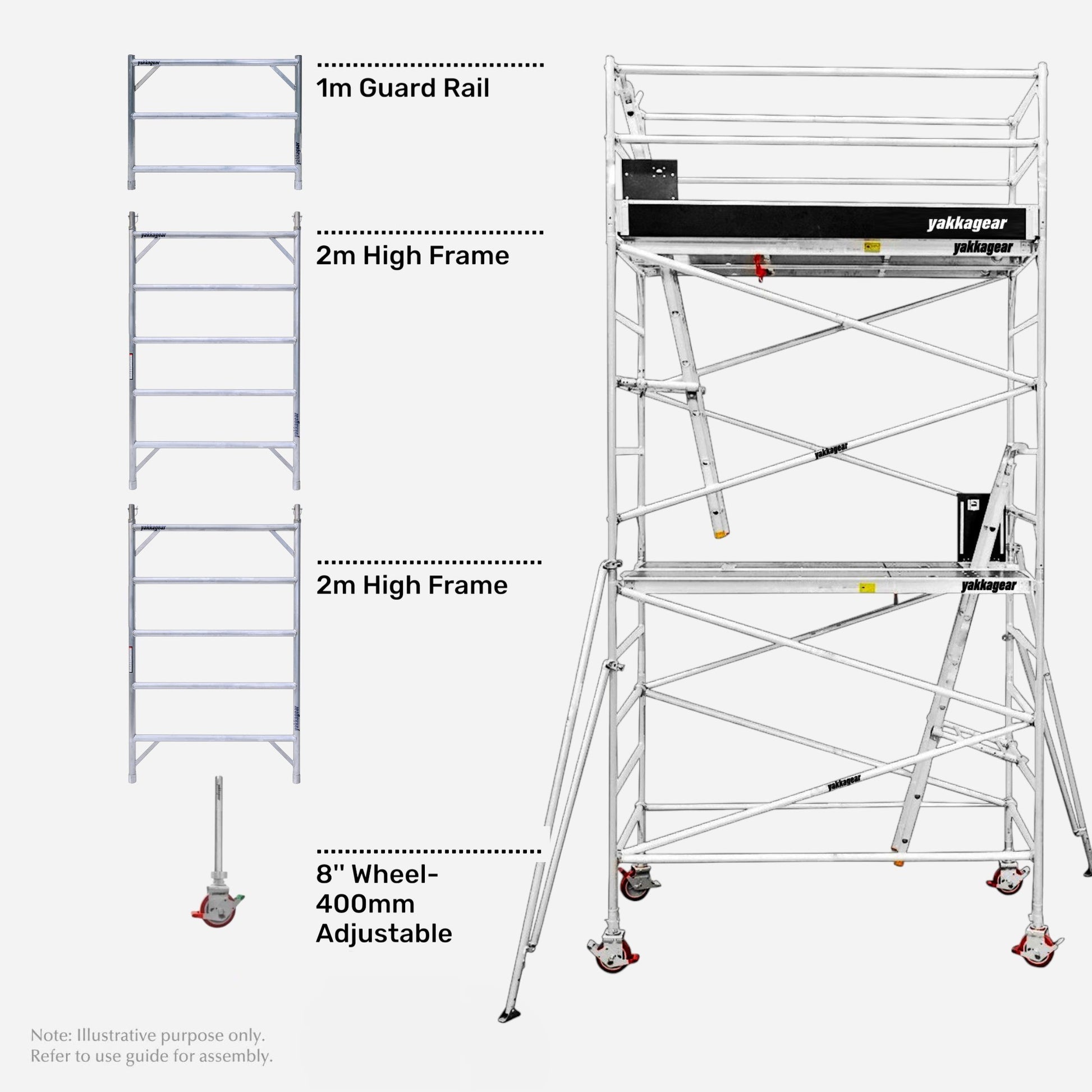 Yakka Gear 6.6m reach wide mobile scaffold tower in galvanised steel, shown assembled alongside its main components including a 1m guard rail, two 2m high frames and 8-inch wheels with 400mm adjustable legs, featuring a 4.6m platform height, 1.3m wide working platform, cross bracing, internal access ladders, safety guardrails and stabiliser outriggers for elevated access and construction work across Australia.
