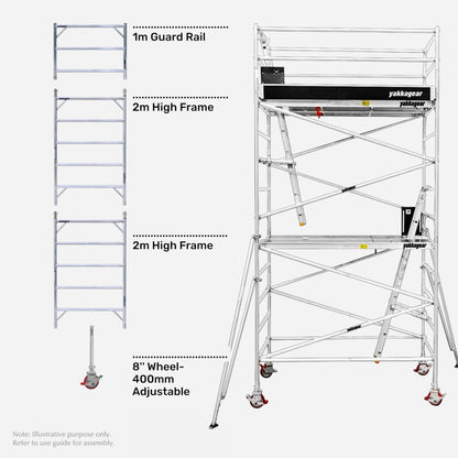 Yakka Gear 6.6m reach wide mobile scaffold tower in galvanised steel, shown assembled alongside its main components including a 1m guard rail, two 2m high frames and 8-inch wheels with 400mm adjustable legs, featuring a 4.6m platform height, 1.3m wide working platform, cross bracing, internal access ladders, safety guardrails and stabiliser outriggers for elevated access and construction work across Australia.
