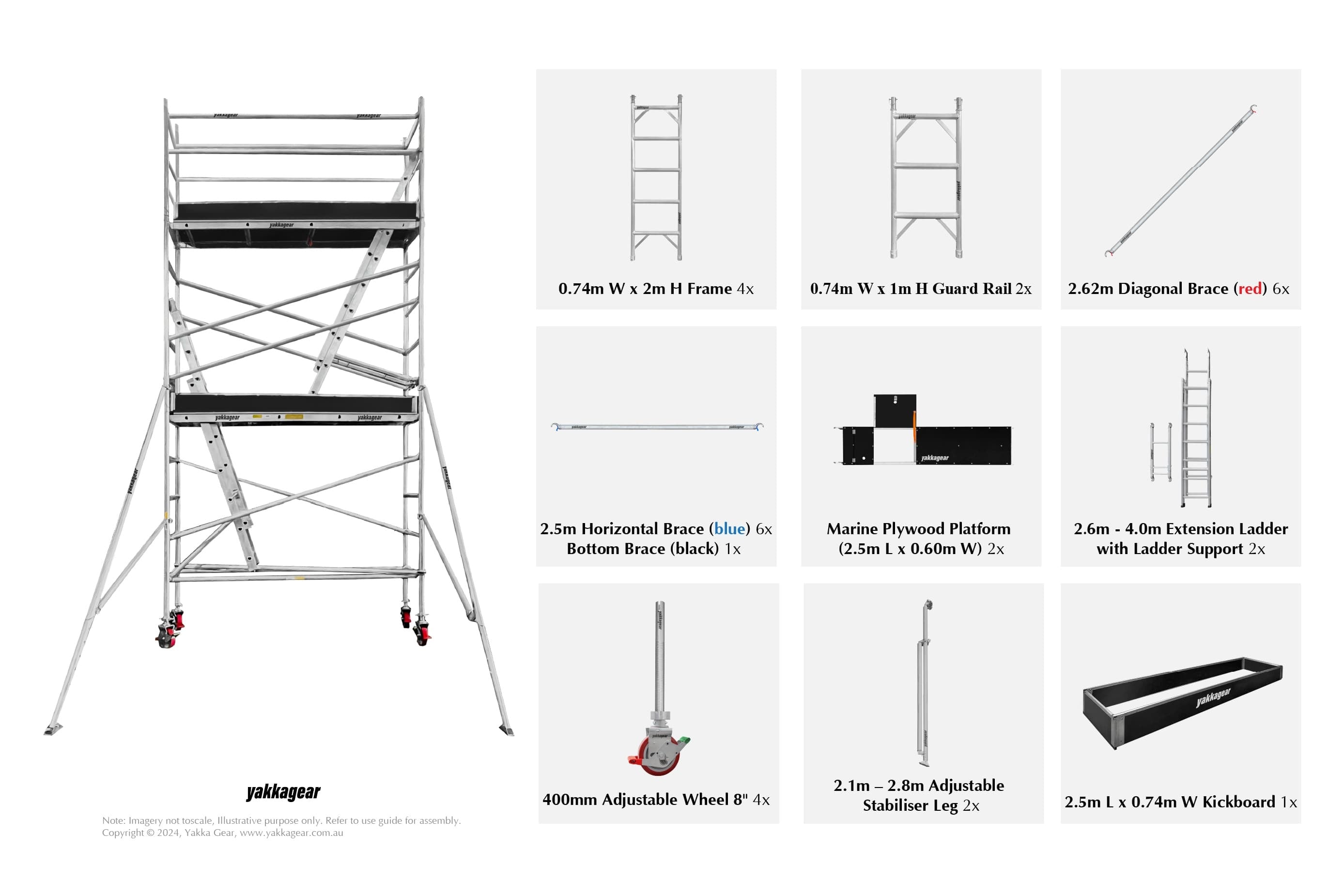 Yakka Gear Australia aluminium mobile scaffold tower with 6.6m reach and 4.6m platform height. This wide scaffold configuration measures 0.74m in width and 2.5m in length. The image displays the full component layout including frames, diagonal, horizontal, and bottom braces, marine plywood platform, guard rails, 8-inch adjustable caster wheels, stabilisers, and toe boards—providing a safe and spacious elevated work platform