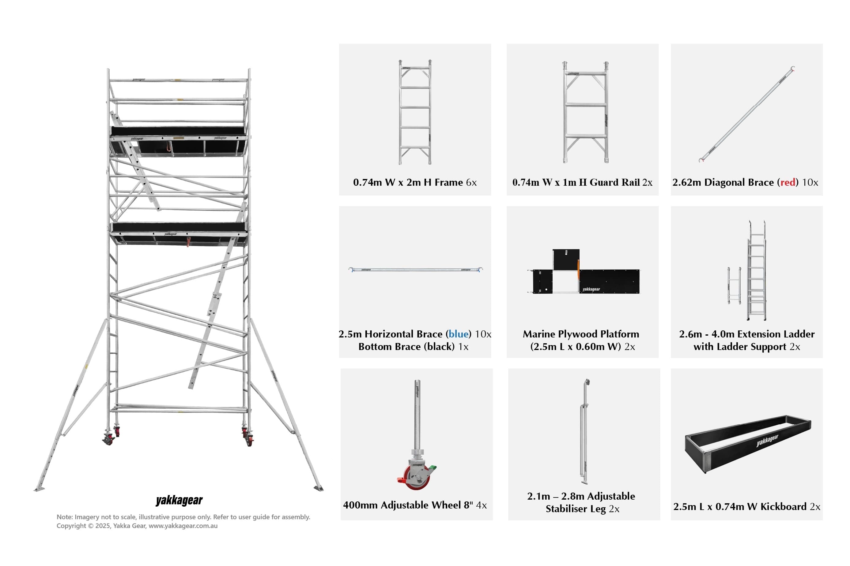 Yakka Gear Australia tall aluminium mobile scaffold tower with 8.6m reach and 6.6m platform height. This wide scaffold measures 0.74m in width and 2.5m in length. Image showcases all included components: scaffold frames, diagonal, horizontal, and bottom braces, marine plywood work platform, top guard rails, stabilisers, 8-inch adjustable caster wheels, and protective kickboards—assembled for safe high-access use.