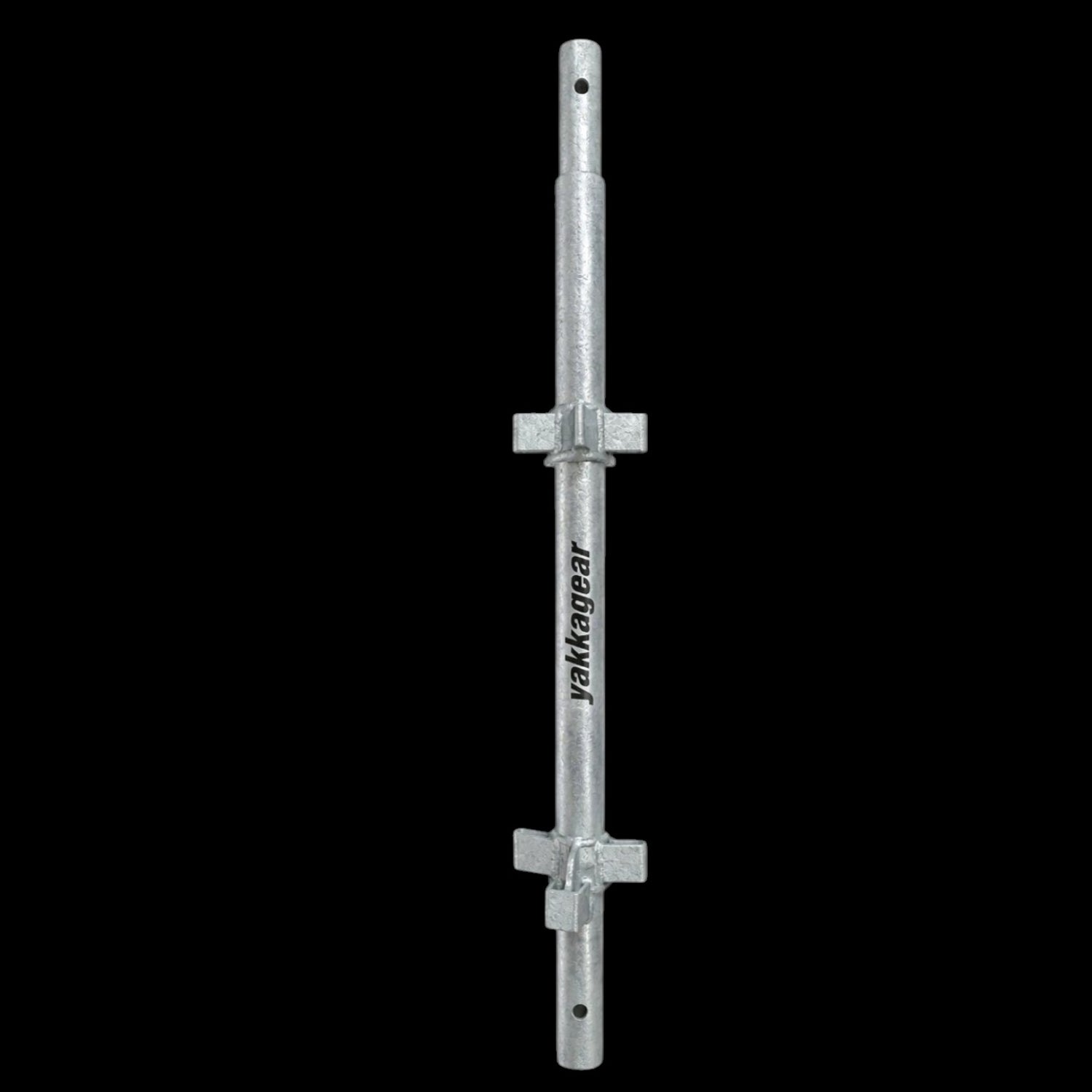 Yakka Gear galvanised steel standard for Kwikstage Scaffolding, featuring multiple fixed connection points for attaching ledgers, transoms and braces, with Yakka Gear branding and a durable modular design for constructing vertical scaffold structures on building and construction projects across Australia.