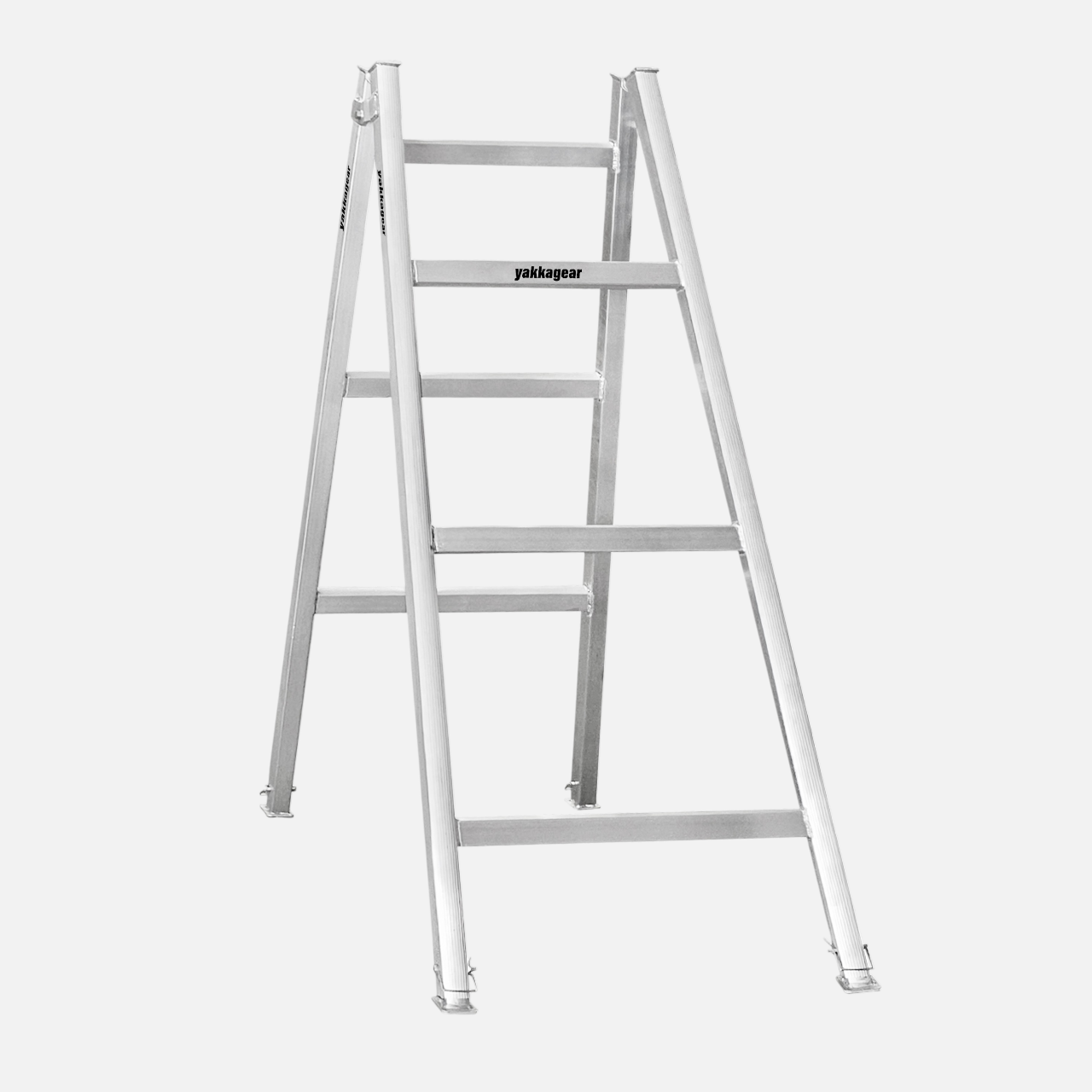 Side view of a 1.8m - 2.1m aluminium trestle with 3 alternating rungs and adjustable legs, designed for tradies, suitable for uneven floors, and used with planks for elevated work, Yakka Gear Australia.