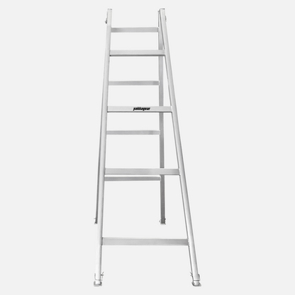 2.4m–2.7m aluminium trestle with 4 alternating rungs and adjustable legs, built for tradies, stable on uneven floors, and used with planks for elevated work, Yakka Gear Australia.