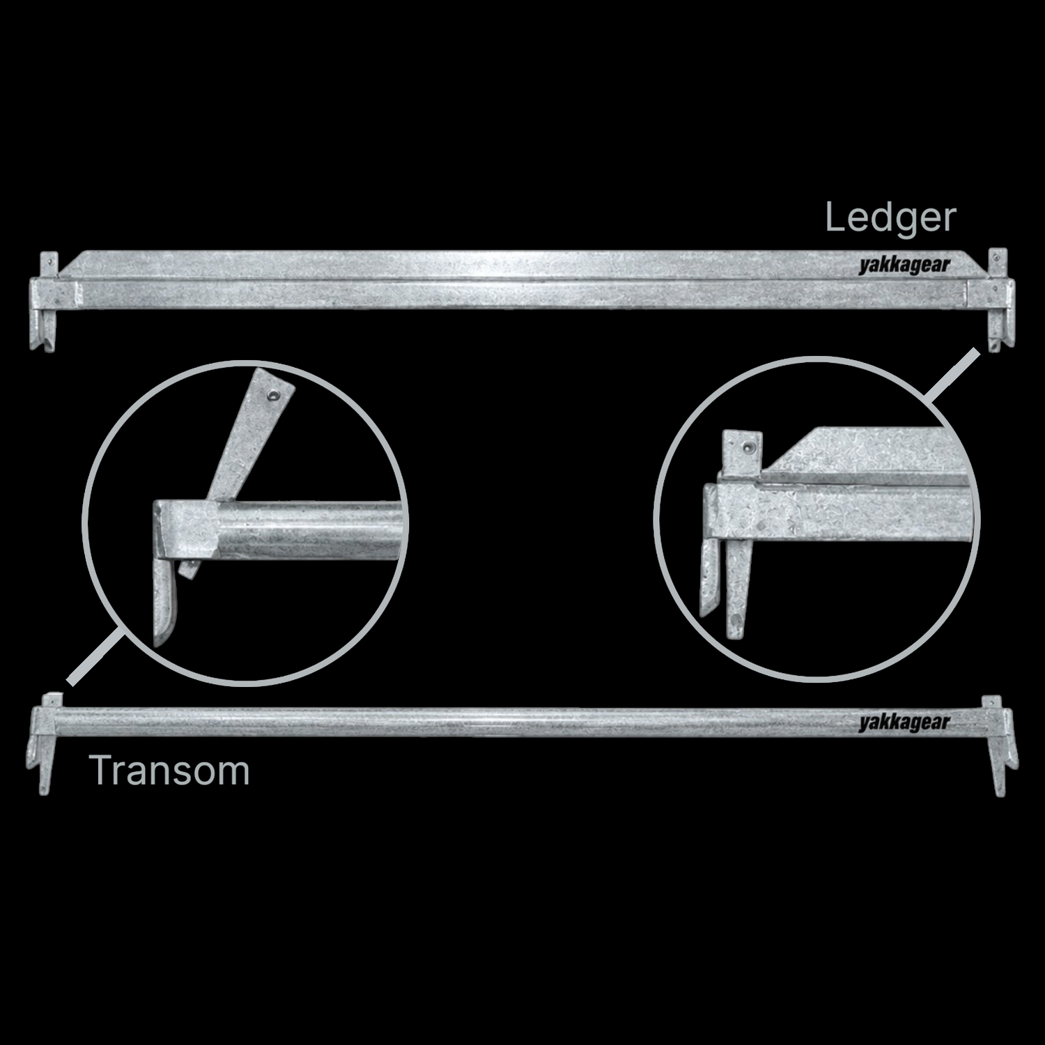 Yakka Gear galvanised steel ledger and transom components for Kwikstage Scaffolding, shown with detailed close-up views of the connection ends and locking points, designed to form strong horizontal supports within modular scaffolding systems for construction and building applications across Australia.