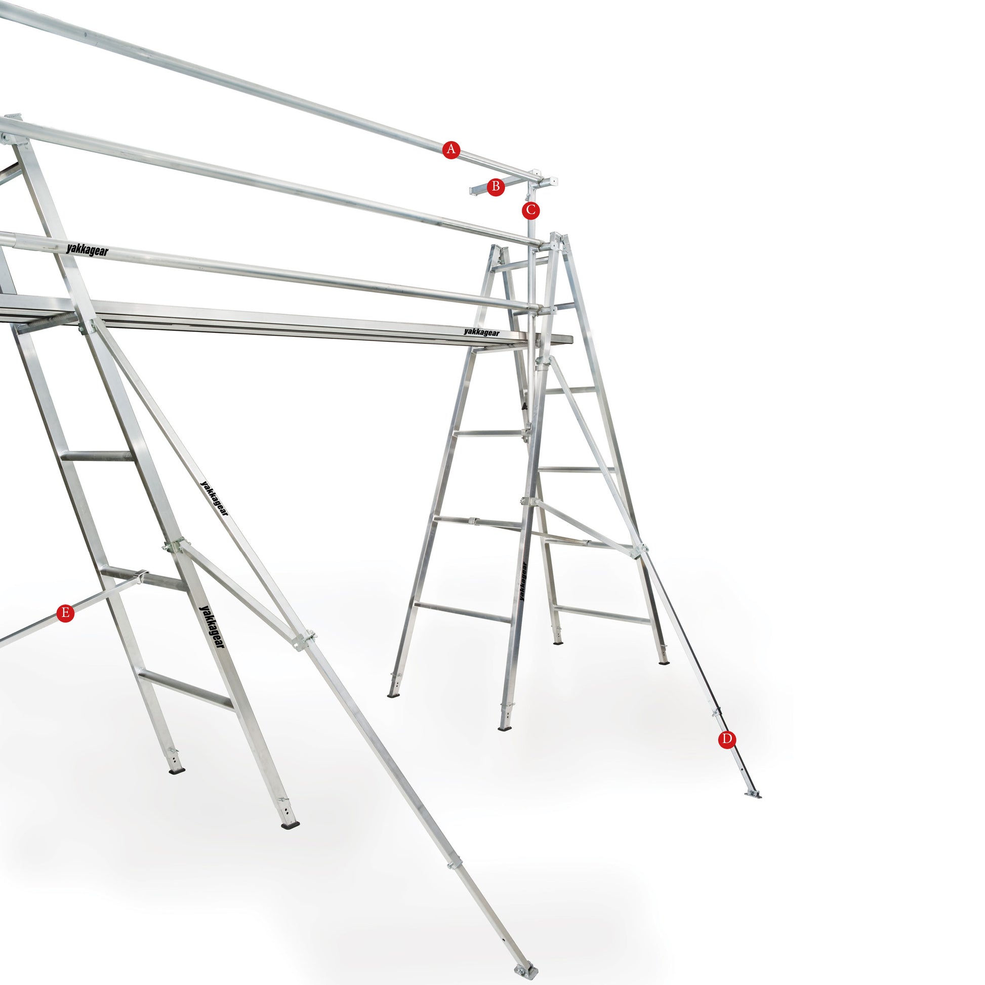Melbourne Made Adjustable Aluminium A-Frame Trestle Ladders Handrails Guard Rails from Yakka Gear. Available for trestles at sizes 1.8m, 2.4m, 3.0m, 3.6m, 4.2m, and 4.8m. For planks up to 6m lengths, can be extended to longer lengths. All trestles adjustable to be higher by 26cm on each leg. Has spreader bars and outriggers. Each piece has a letter to see what parts are included.