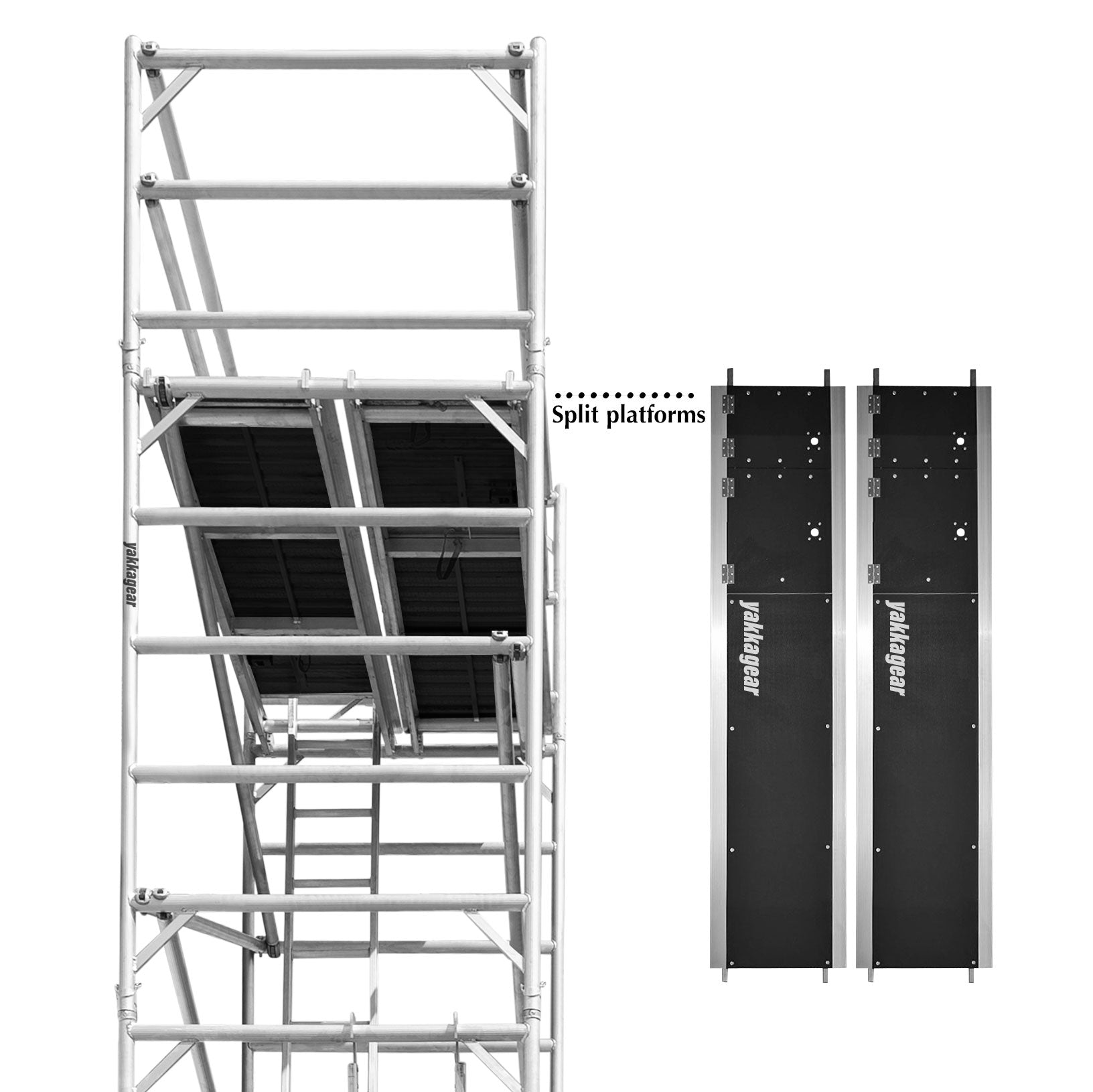Yakka Gear Australia 2.5m Length 1.3m Wide wide scaffolding tower access equipment with working height of 2.6m, 4.6m, or 6.6m. View from under the deck, showing the split marine plywood platform design with latch door opening on both decks.