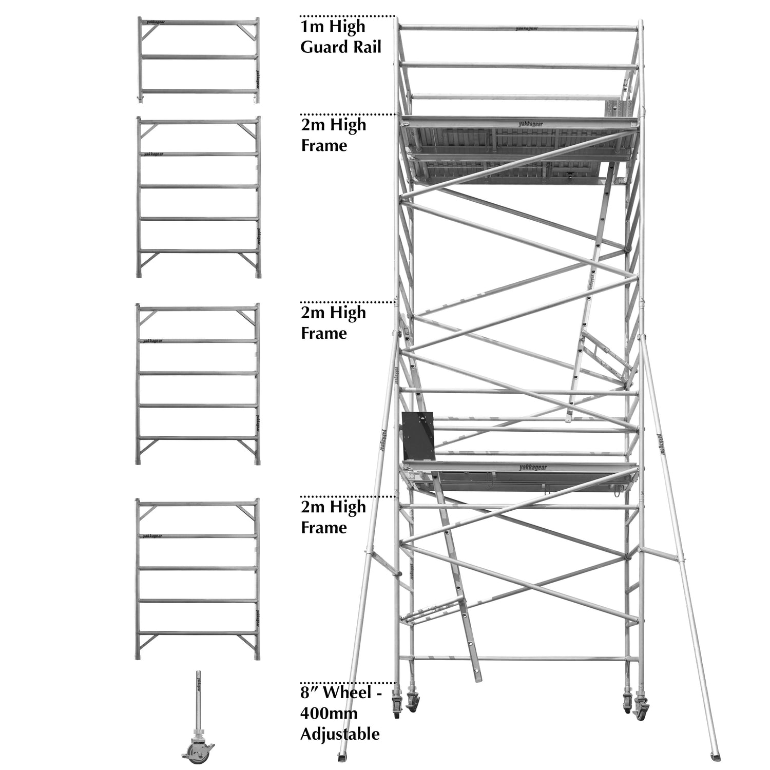 Yakka Gear Australia 2.5m Length 1.3m Wide 8.6m reach wide scaffolding tower access equipment with working height of 6.6m, view from the front angle, showing how the guard rails make the scaffolding modular and easily stored or moved, white background.