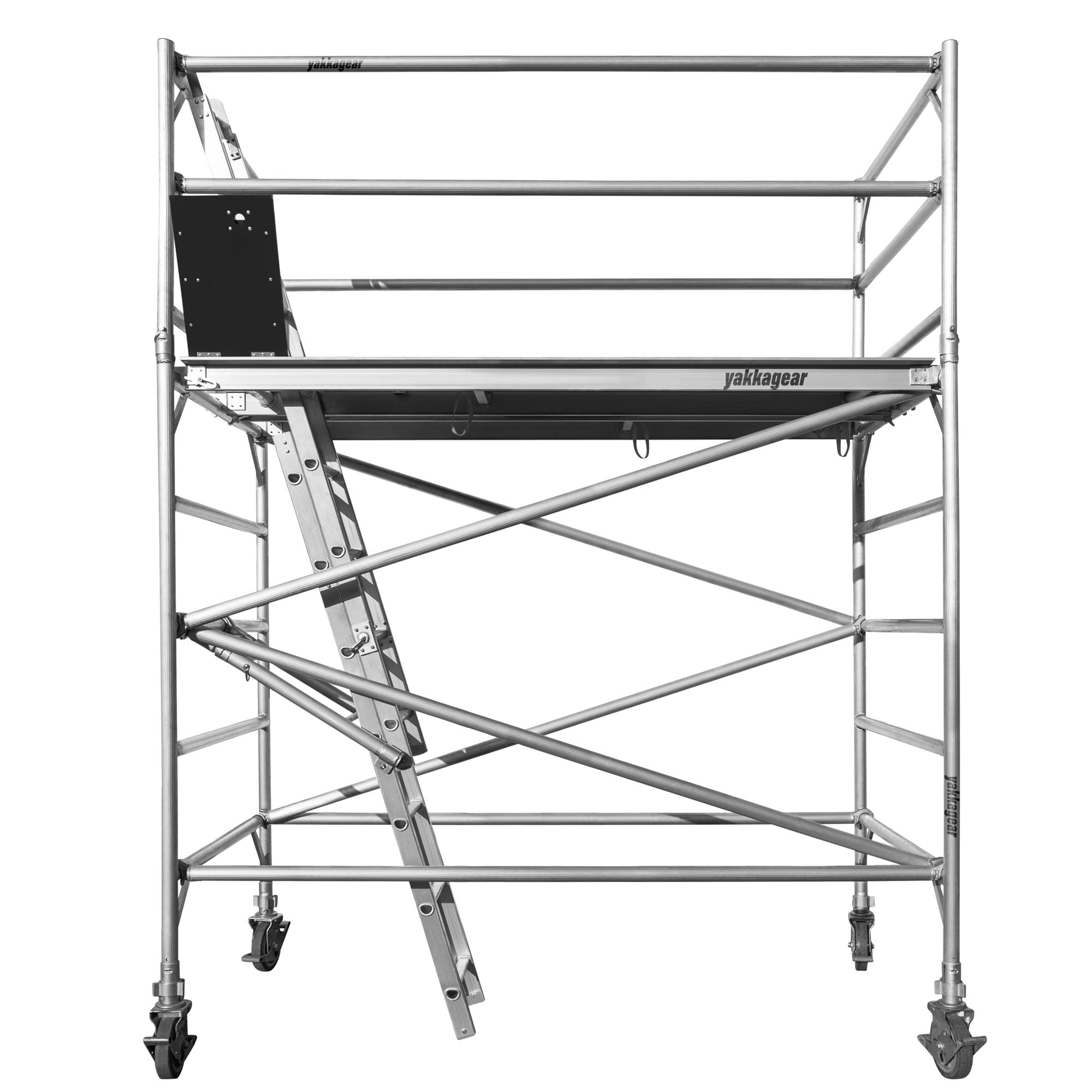 Yakka Gear Australia 2.5m Length 1.3m Wide 4.6m reach wide scaffolding tower access equipment with working height of 2.6m, view from the front, white background.