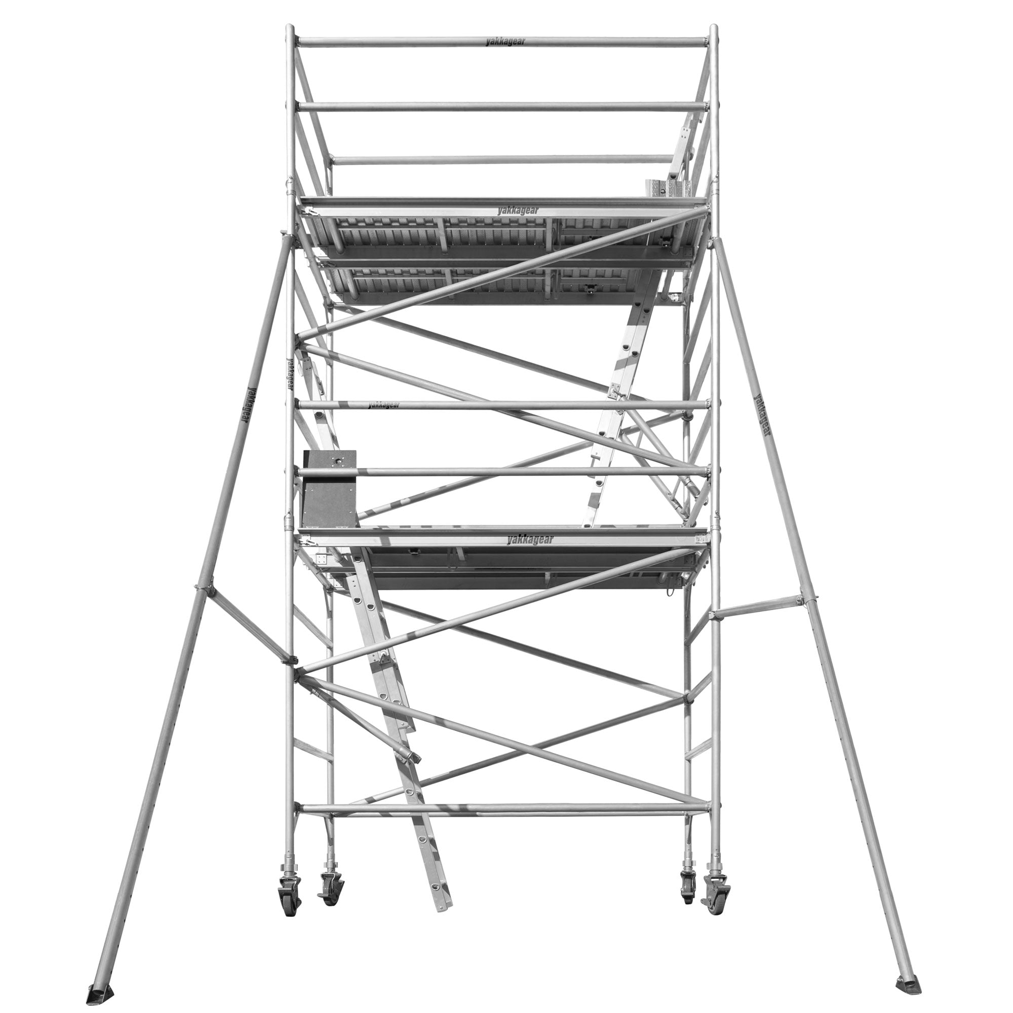 Yakka Gear Australia 2.5m Length 1.3m Wide 6.6m reach wide scaffolding tower access equipment with working height of 4.6m, view from the front angle, white background. 