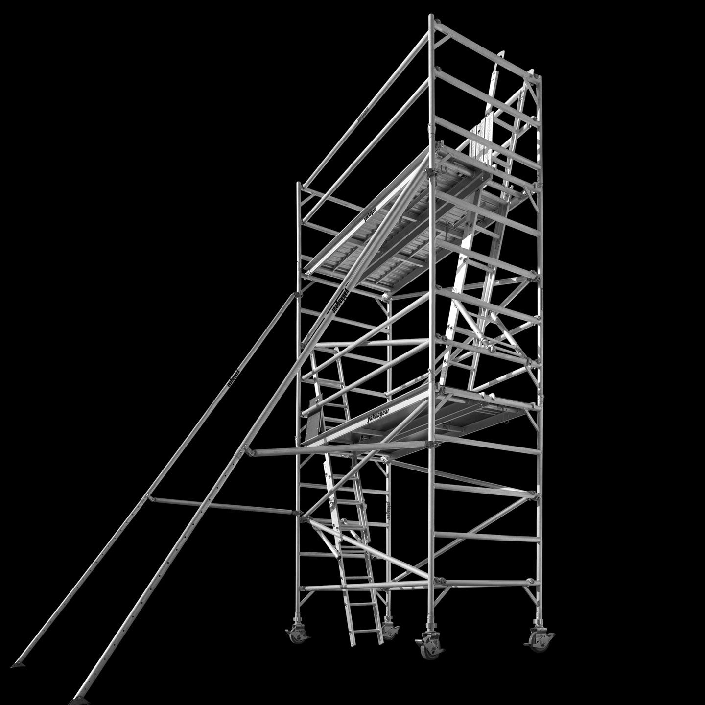 Yakka Gear Australia 2.5m Length 1.3m Wide 6.6m reach wide scaffolding tower access equipment, view from the front side angle. 