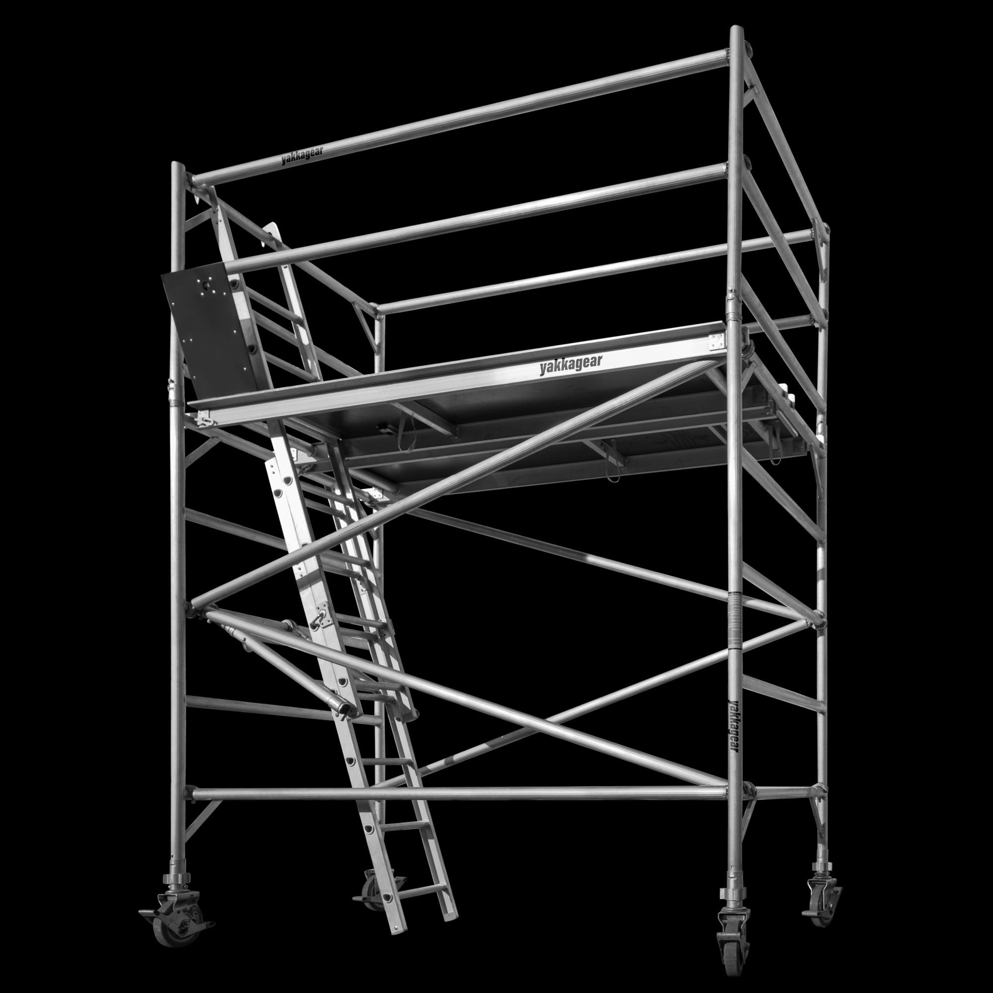 Yakka Gear Australia 2.5m Length 1.3m Wide 4.6m reach wide scaffolding tower access equipment with working height of 2.6m, view from the front side angle.