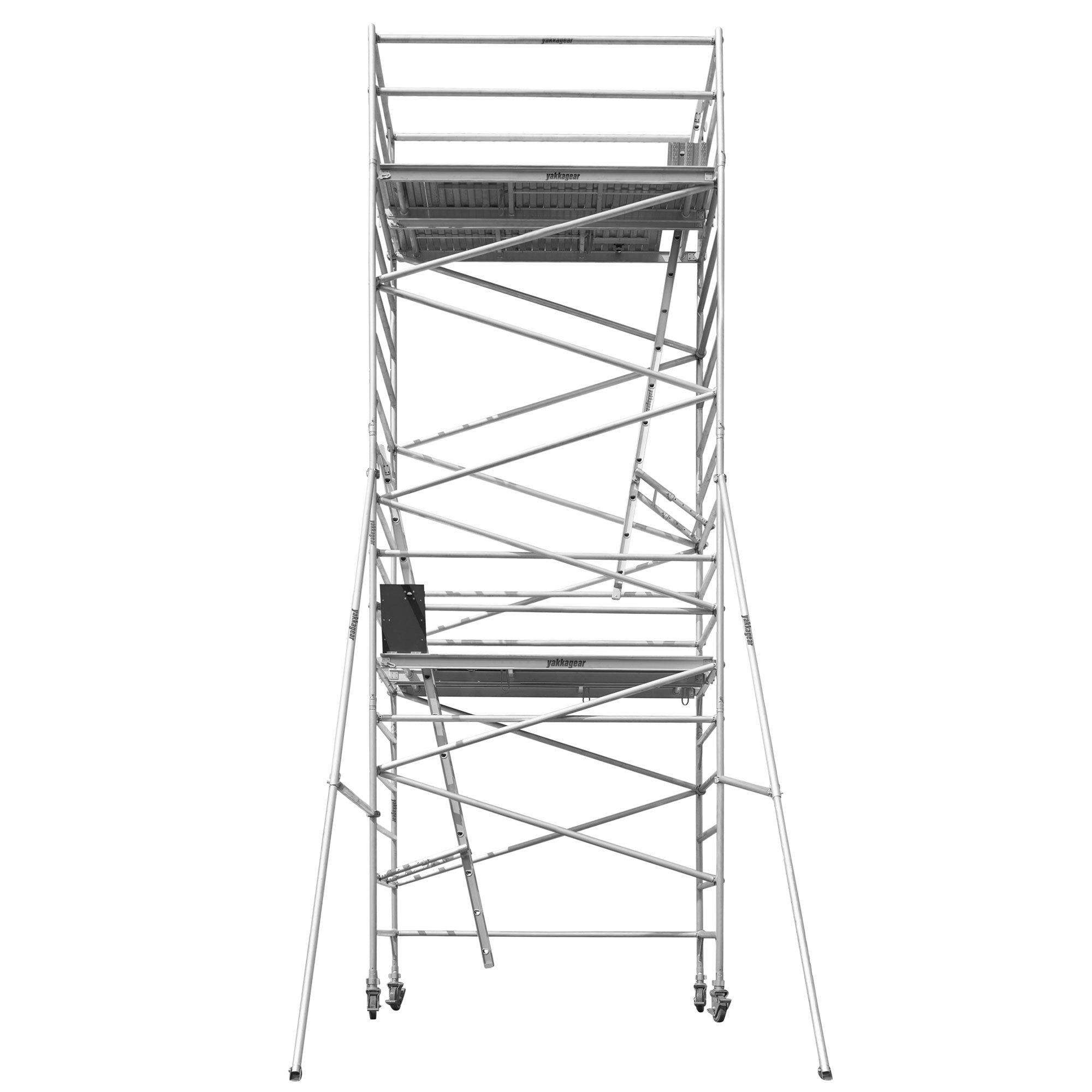 Yakka Gear Australia 2.5m Length 1.3m Wide 8.6m reach wide scaffolding tower access equipment with working height of 6.6m, view from the front angle, white background. 