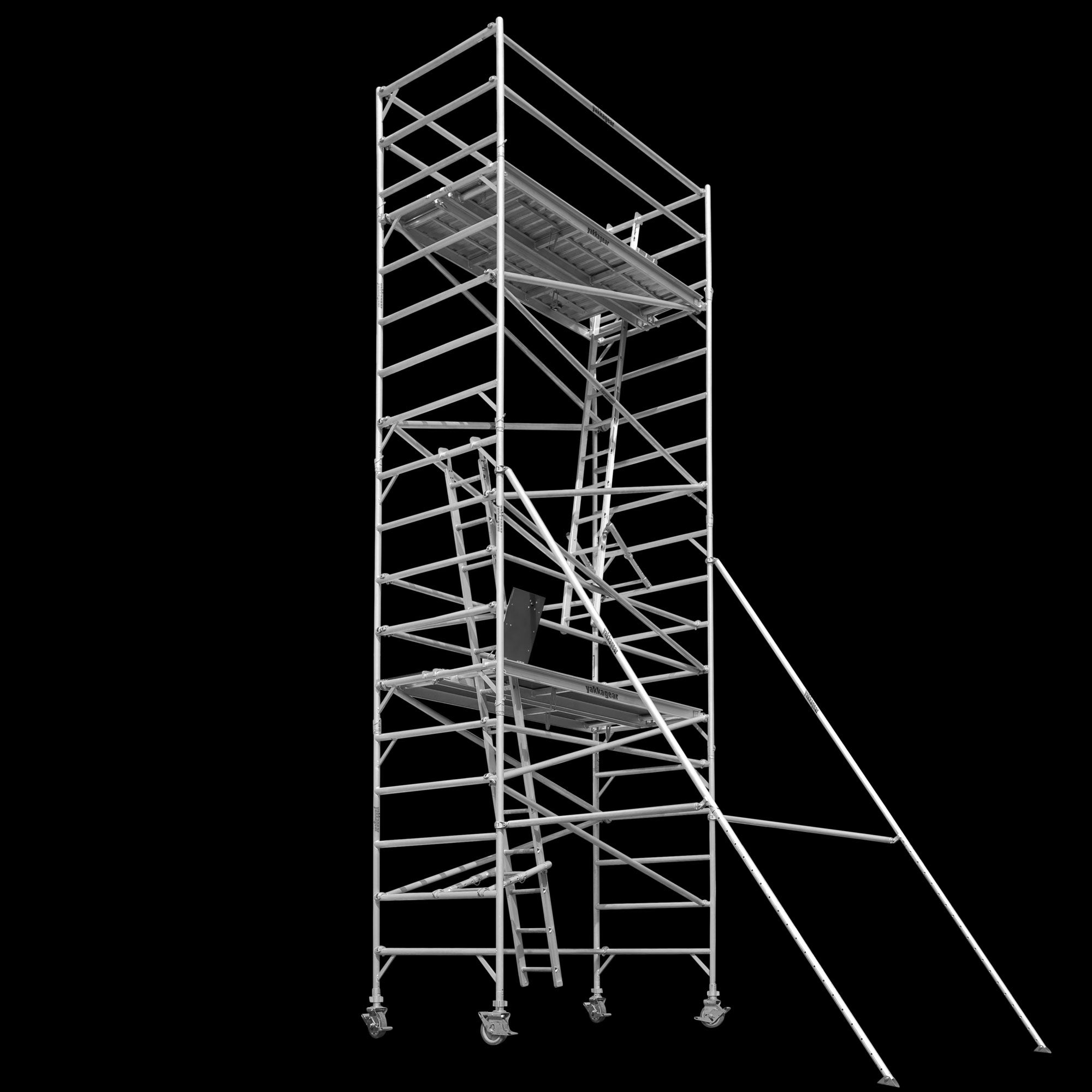 Yakka Gear Australia 2.5m Length 1.3m Wide 8.6m reach wide scaffolding tower access equipment with working height of 6.6m, view from the front side angle. 