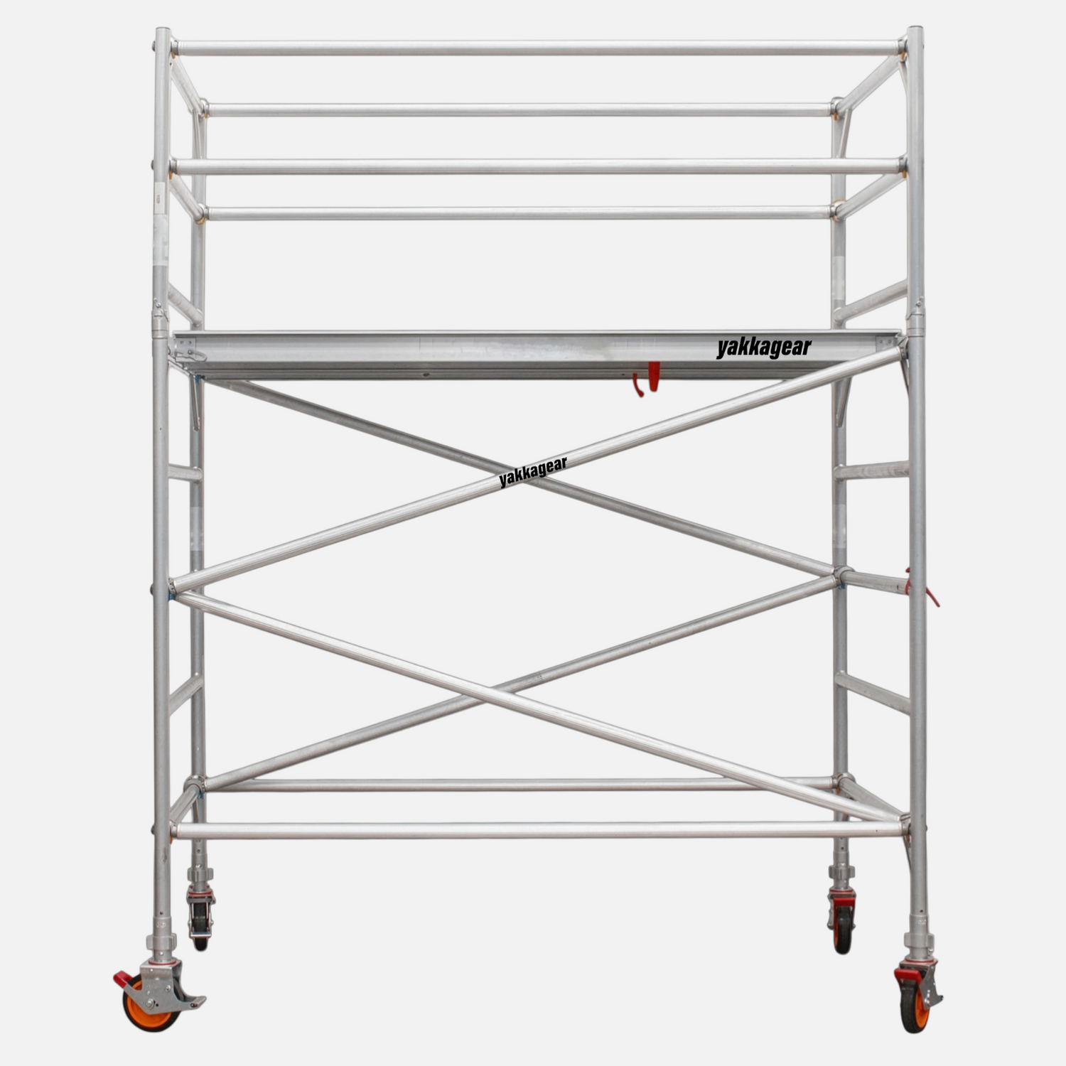 Yakka Gear Australia 4.6m reach wide aluminium scaffold tower with 2.6m platform height, designed for stable elevated access, trade work, maintenance, painting and safer jobsite use.