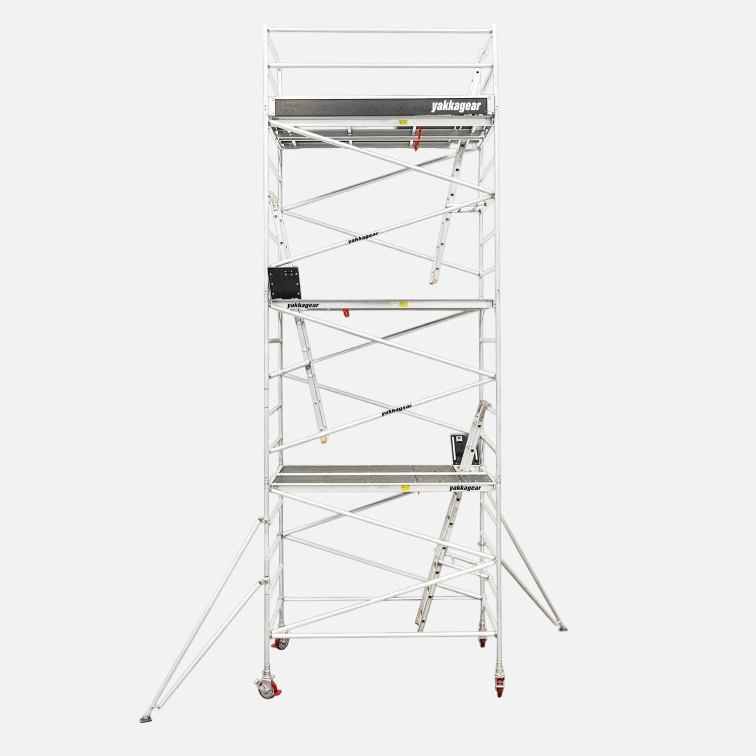 Yakka Gear Australia 8.6m reach wide aluminium scaffold tower with 6.6m platform height, designed for stable elevated access, construction, maintenance, painting and safer jobsite use.