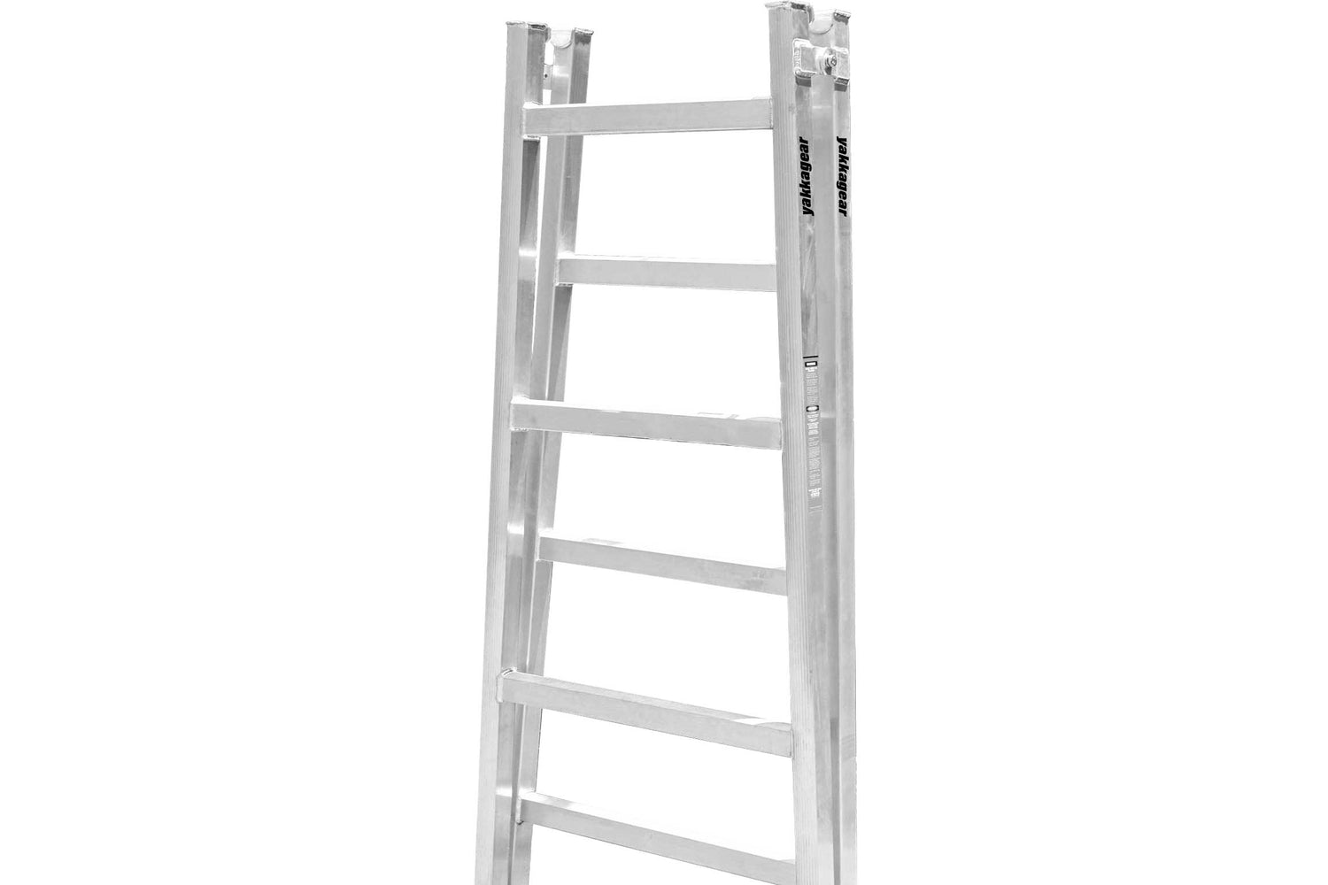Yakka Gear Australia Aluminium Trestles as access equipment. Various sized trestles available including 1.8m, 2.4m, 3.0m, 3.6m, 4.2m. All the trestles are adjustable by 260mm with Adjustable legs. View of the whole trestle ladder folded & seen from the side on a white background. 