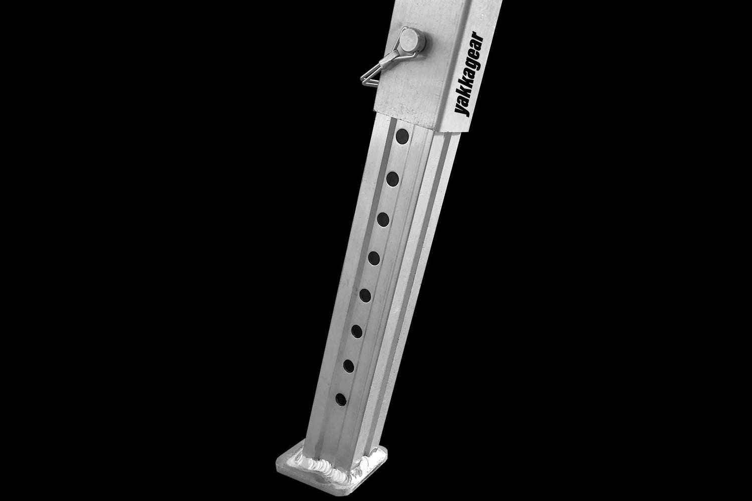 Yakka Gear Australia Aluminium Trestles as access equipment. Various sized trestles available including 1.8m, 2.4m, 3.0m, 3.6m, 4.2m. All the trestles are adjustable by 260mm with Adjustable legs. Zoomed in detailed view of the adjustable legs from the side on a black background. 